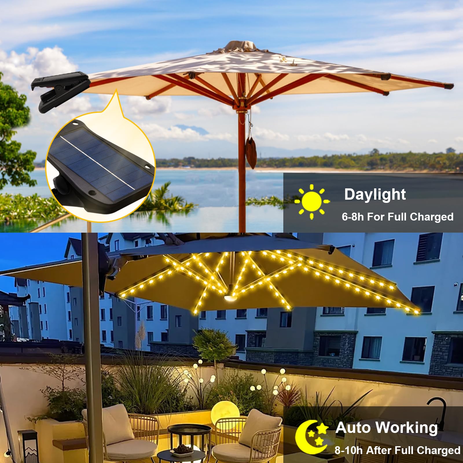 Lampes solaires pour parasol de terrasse avec 8 modes d'éclairage – Plus grand panneau solaire 5 V 152 LED – Étanche – Pour terrasse, plage, tente, camping, décoration de jardin, blanc chaud
