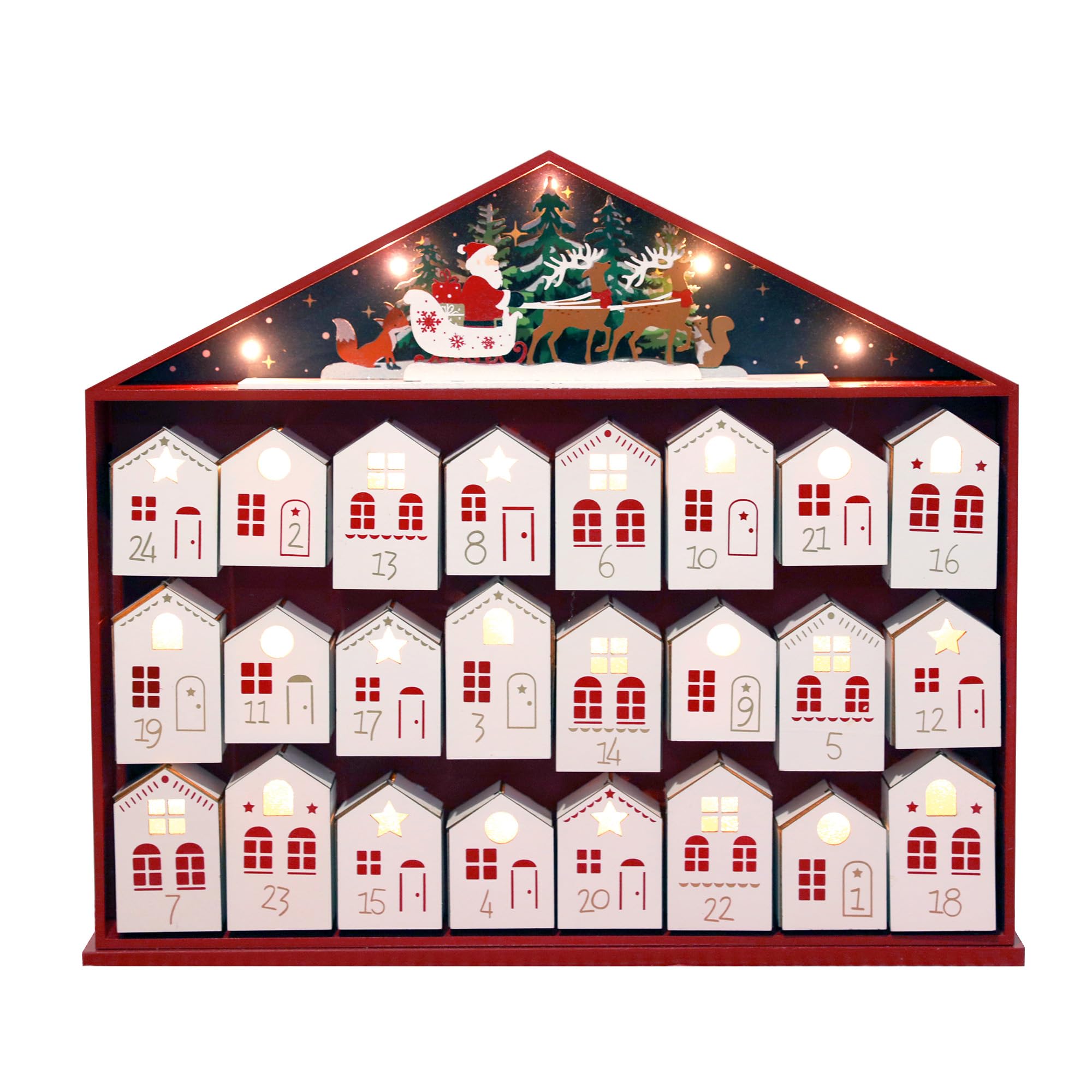 Adventskalender 2024 aus Holz mit LED-Lichtern, Weihnachts-Countdown-Kalender, Schubladen in Hausform für Kinder und Erwachsene, wiederverwendbare Urlaubsdekoration,
