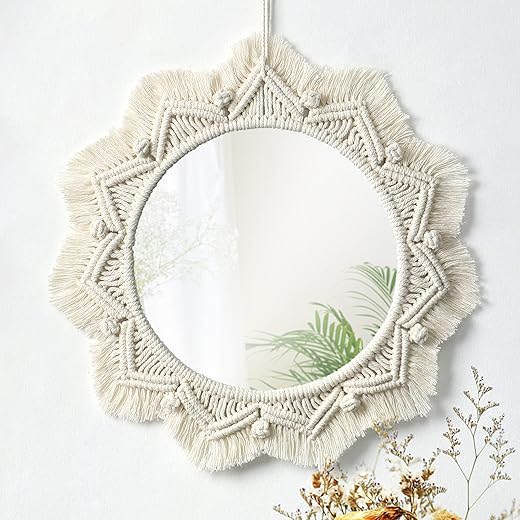 Dremisland Macrame Wall Mirror-15 Inch Round Mirror with Macrame Fringe, Boho Decorative Hanging Mirror Wall Decor Art Ornament for Apartment Home Bedroom Living Room Baby Nursery (Beige)