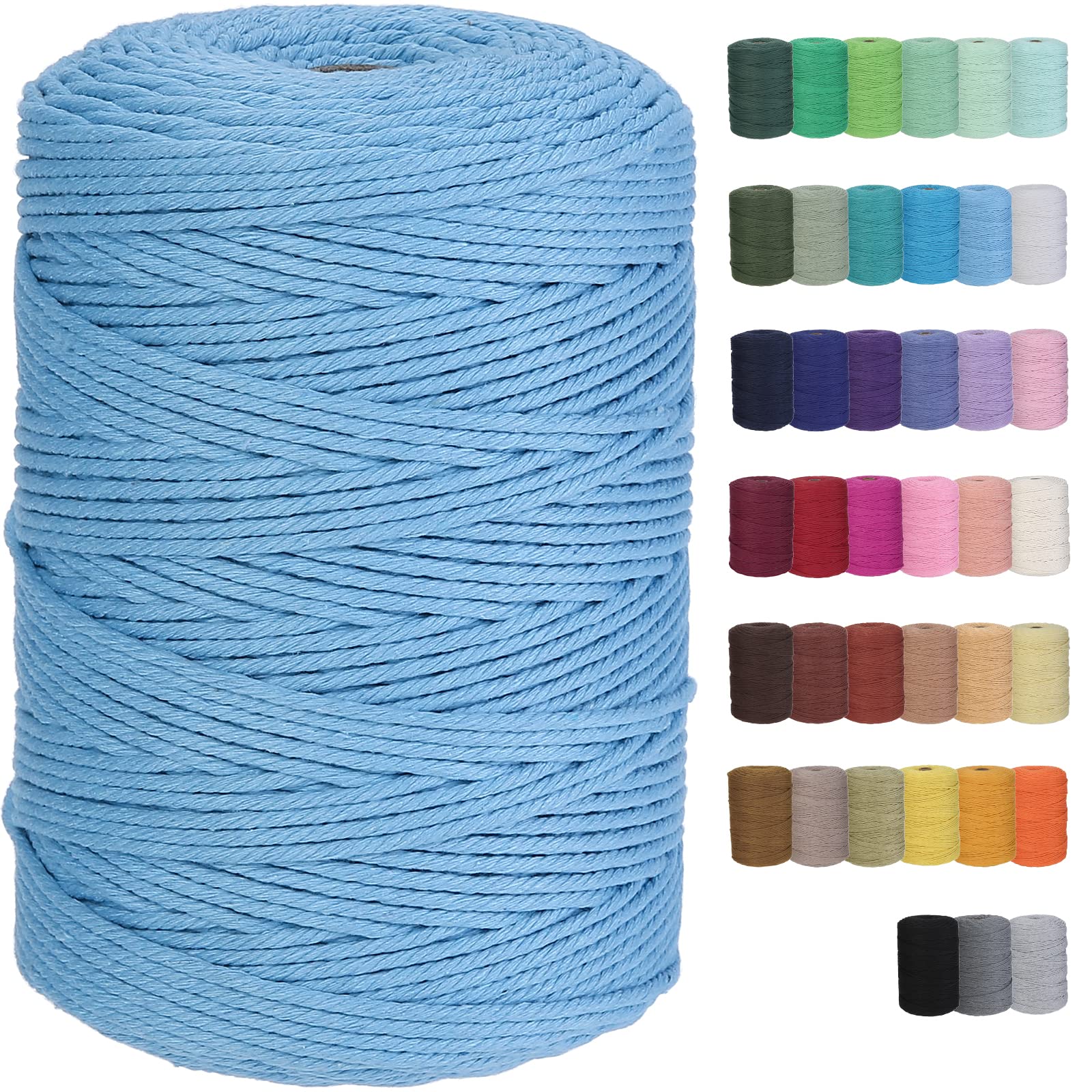 GOHOF Macrame Cord 3mm x 328yards Natural Cotton Rope Colored Rope Soft Cotton Cord for Plant Hanger Wall Hanger Dreamcatcher (Sky Blue)
