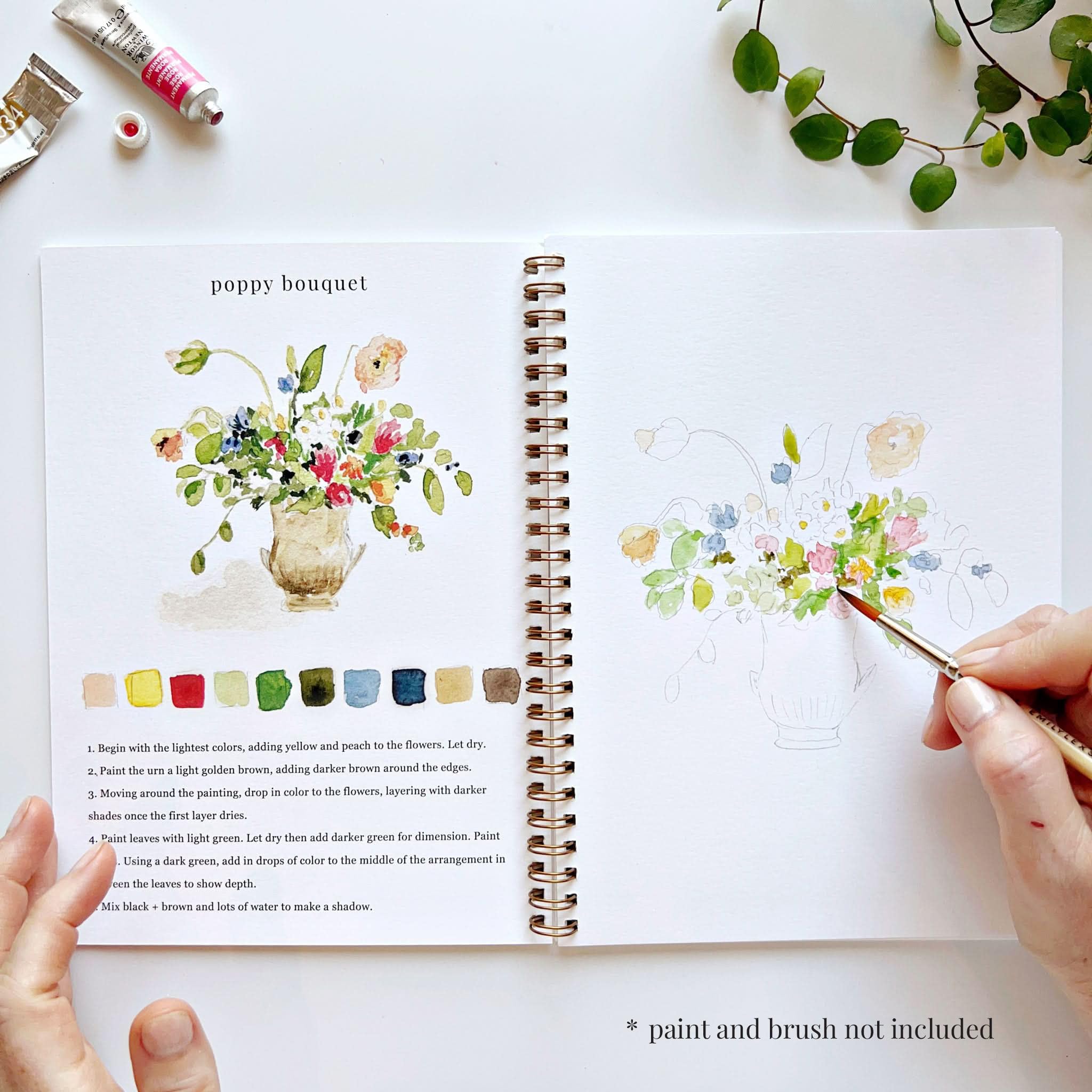Bouquets Carnet d'aquarelle par Emily Lex Studio, 12 illustrations esquissées adaptées aux débutants, pages à plat en spirale, 16,5 x 22,9 cm, papier aquarelle 120g