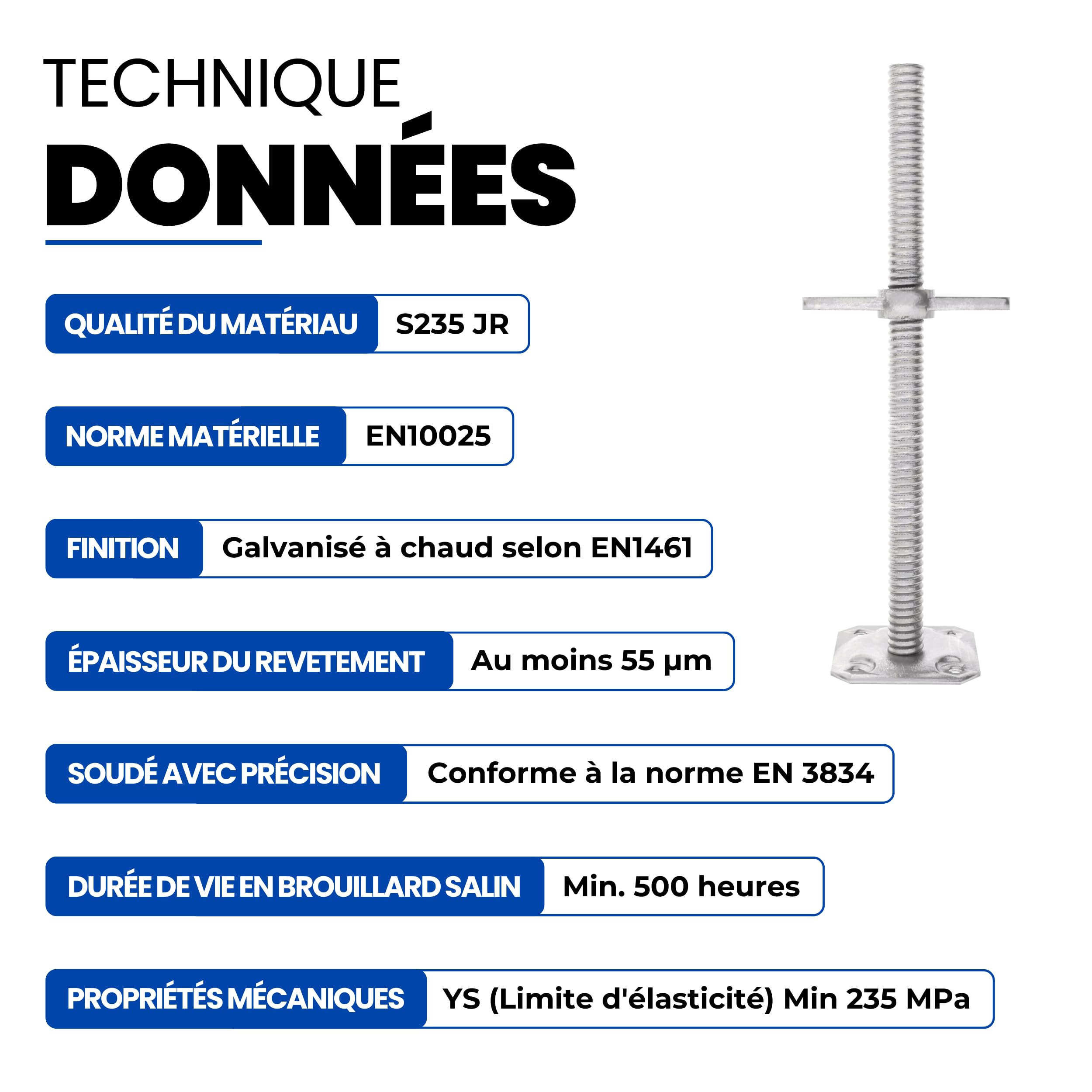 GeZu Impex Pied d'échafaudage avec Tige Filetée Ø 38 x 1000 mm | Galvanisé à Chaud plaques de pieds réglables