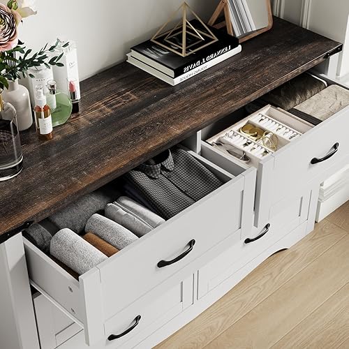 Miniatura 8 de Loomie Cómoda doble de 6 cajones para dormitorio, cómoda blanca moderna, organizador de aparadores anchos, armario de almacenamiento para armario,