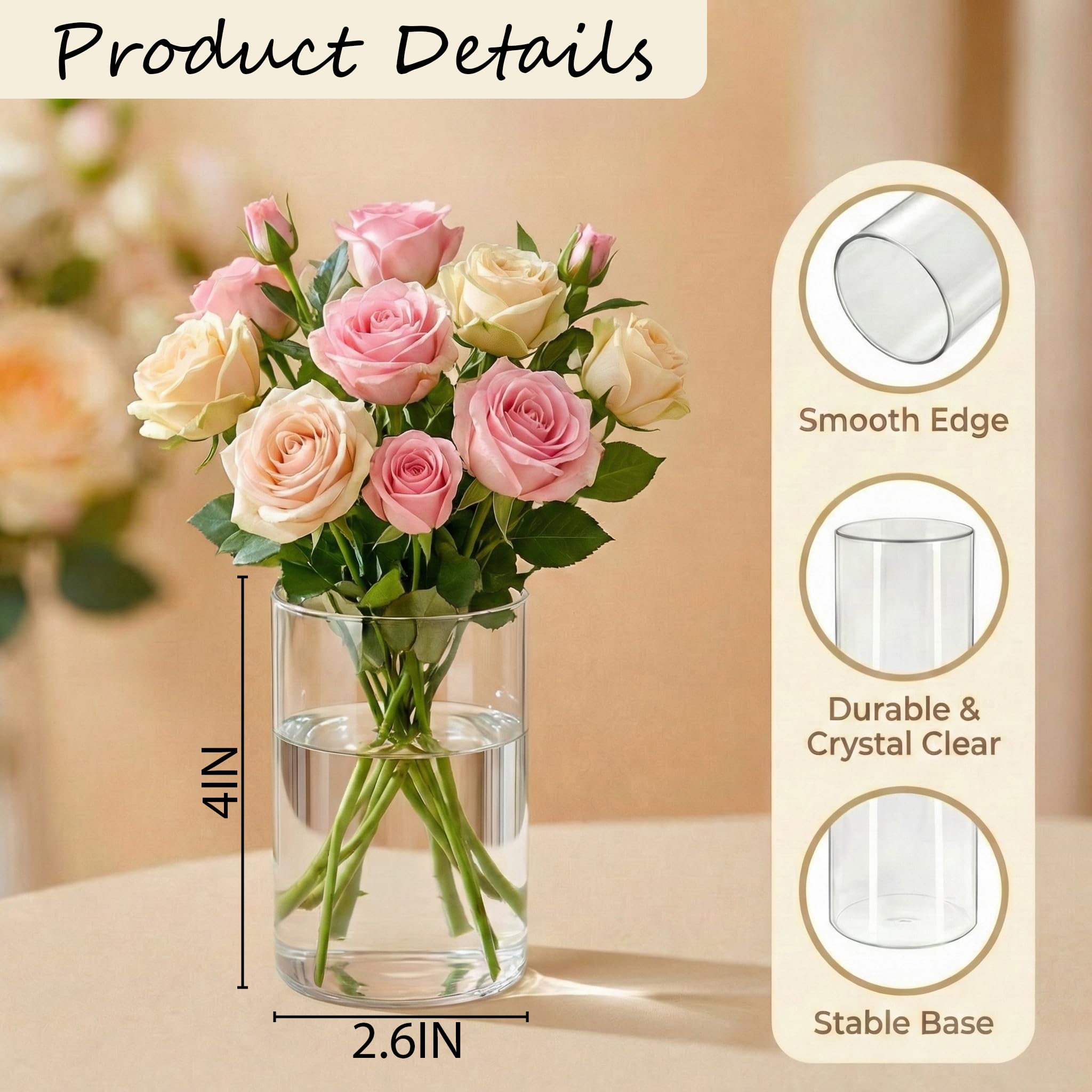 8 jarrones cilíndricos de vidrio HZCPENG de 4 pulgadas de alto x 2.6 pulgadas de ancho para centros de mesa, decoraciones de boda y decoración del hogar interior, portavelas de huracán para mesa