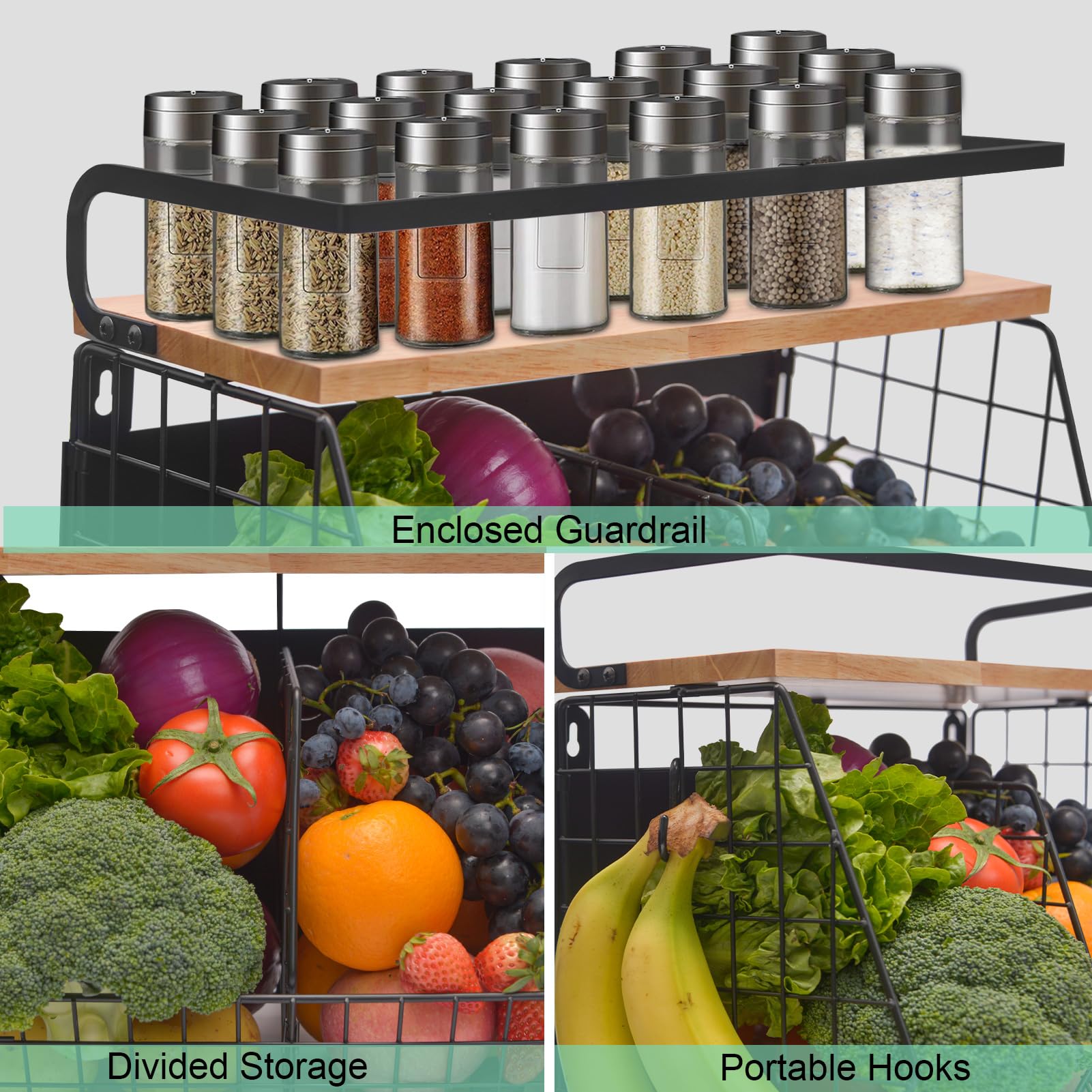 Lermende Magnetico Porta Frutta Cucina: 2 in 1 Scaffale Magnetici per Frigorifero, Organizer da Cucina Senza Forature con 4 Ganci Mobili per Cucina, Lavanderia, Area Ristoro, Spazio Relax.