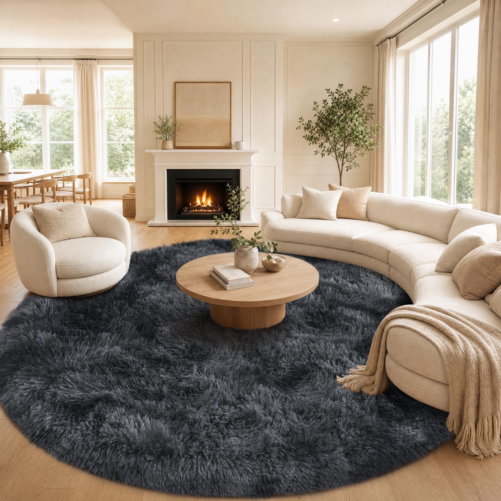 Round Rug 200cm Black Gray Fluffy Shaggy Large Rugs for Living Room bedroom โ image 1