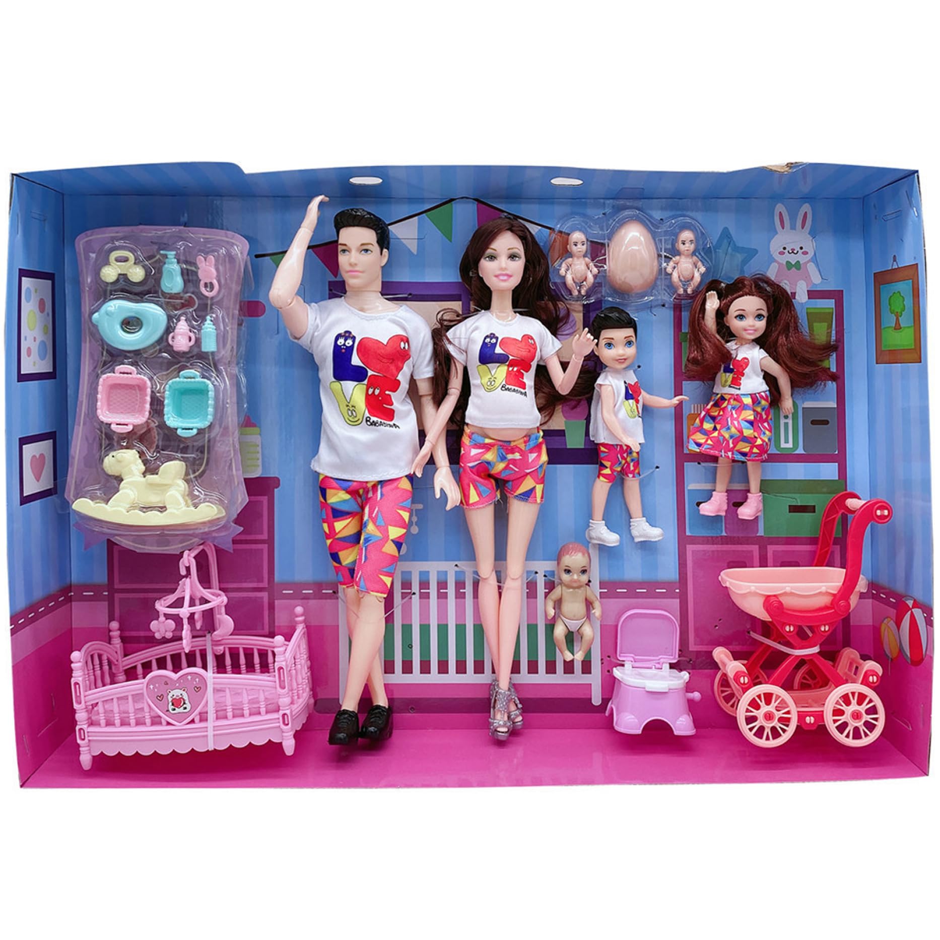 Juego de muñecas familiares de 5 muñecas embarazadas con articulación móvil con bebé en la barriga, juguetes para bebés embarazadas, papá y 2 niños para educación y accesorios para casas de muñe.
