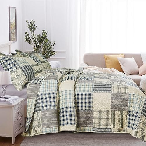 Miniatura 9 de BEDIFANY Juego de edredón de tamaño King, colcha suave a cuadros tamaño King, edredón ligero de granja, juego de ropa de cama tamaño King para