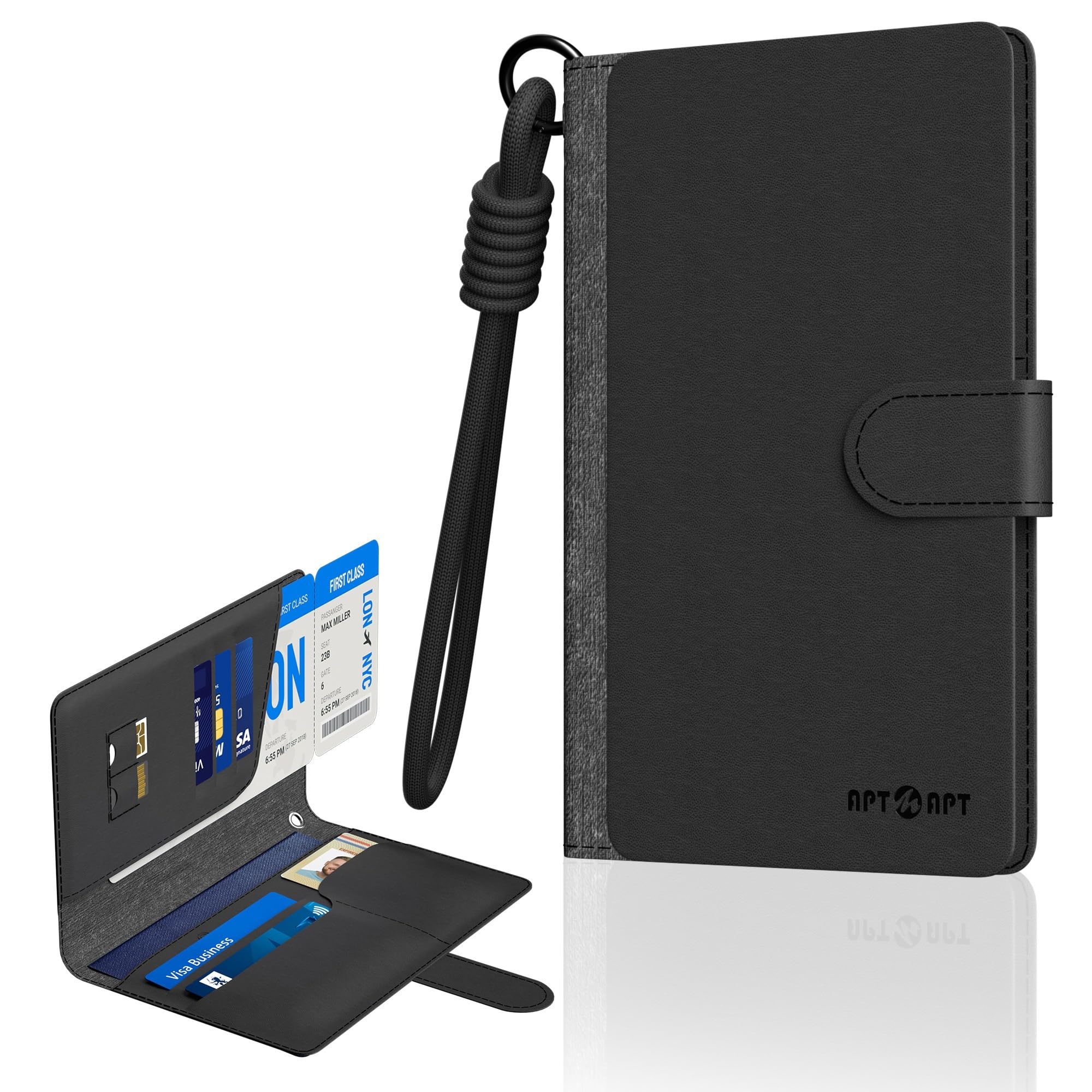 APTMAPT Smart Passport Holder Works with Apple Find My, Leather Travel Wallet with Wrist Strap & SIM/SD Card Slots, RFID Blocking Organizer for
