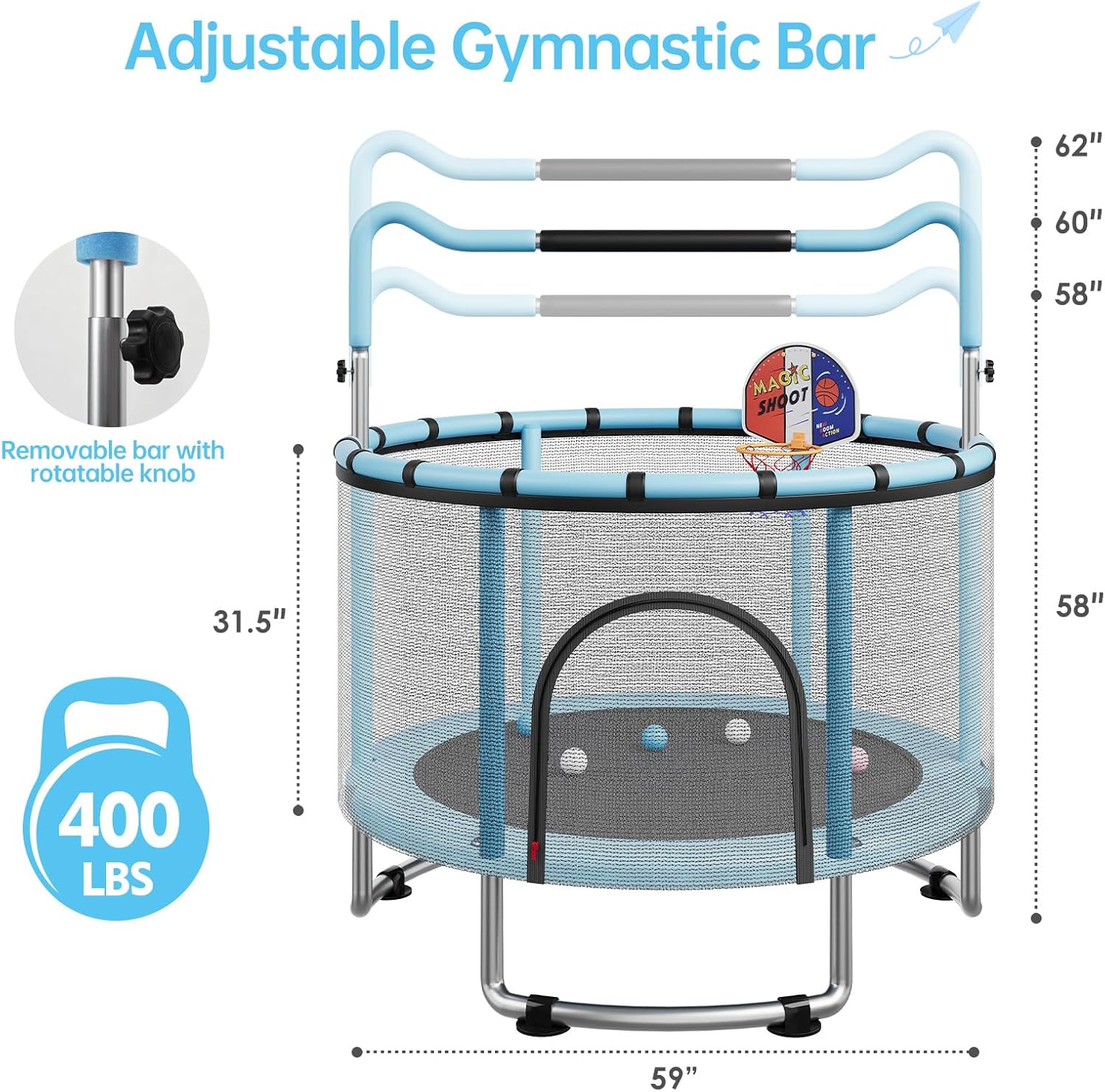 55/60" trampoline for kids, 4.5/5 ft toddler trampoline with enclosur net, basketball hoop & sandbag, 440 lbs capacity, adjustable height?gifts for ages 3-12 boys & girls blue 59x59x63 in