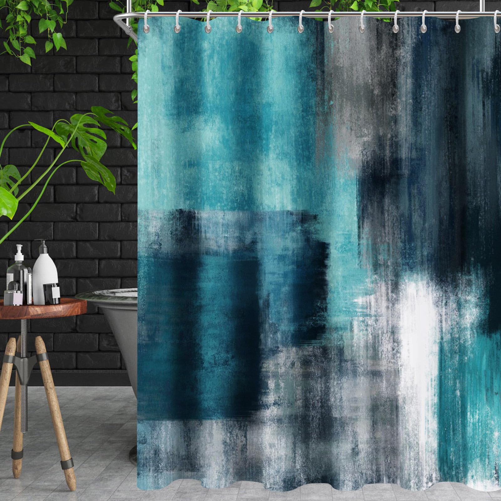 NECSOLE Shower Curtain Blue Shower Curtains for Bathroom, Modern Geometric Abstract Turquoise Green Shower Curtain Sets Waterproof Fabric Shower