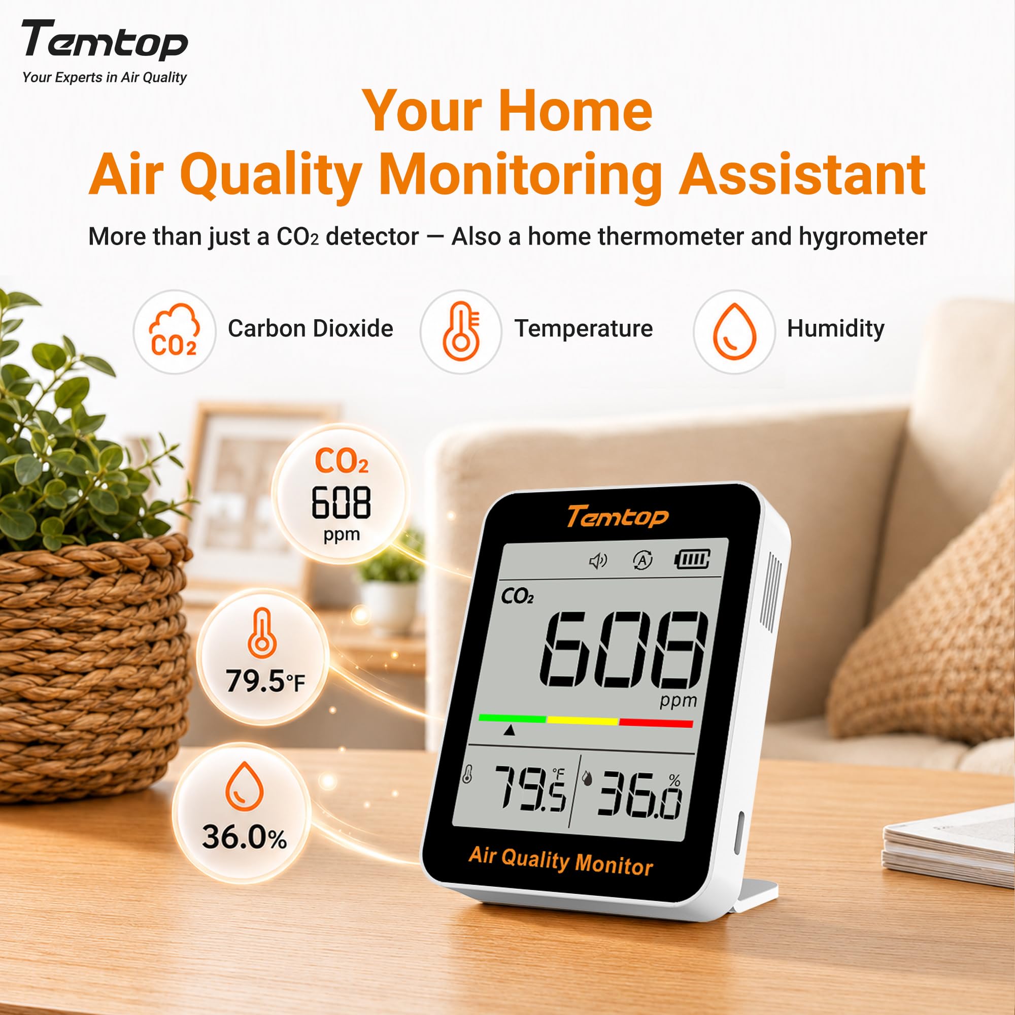 Temtop Moniteur de CO2 Dioxyde de Carbone Moniteur de Qualité de l'air Intérieur Portable, Capteur Mesure CO2 Température Humidité Temps pour Maison Bureau Ecole