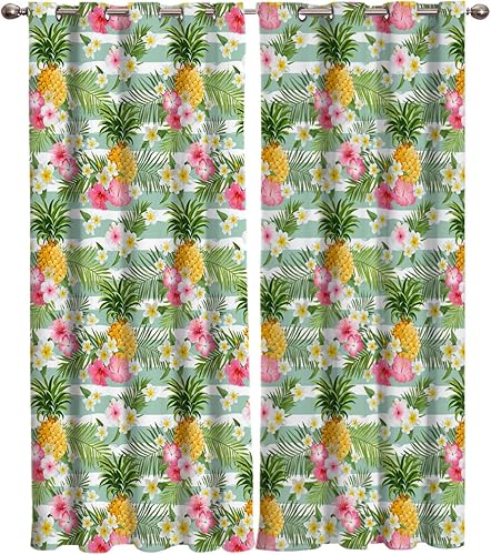 FortuneHouse Blackout Curtains Thermal Insulated Tropical Flowers Decorations, Pineapple Fruit Pattern Metal Grommet Elegant Room Drapes Window