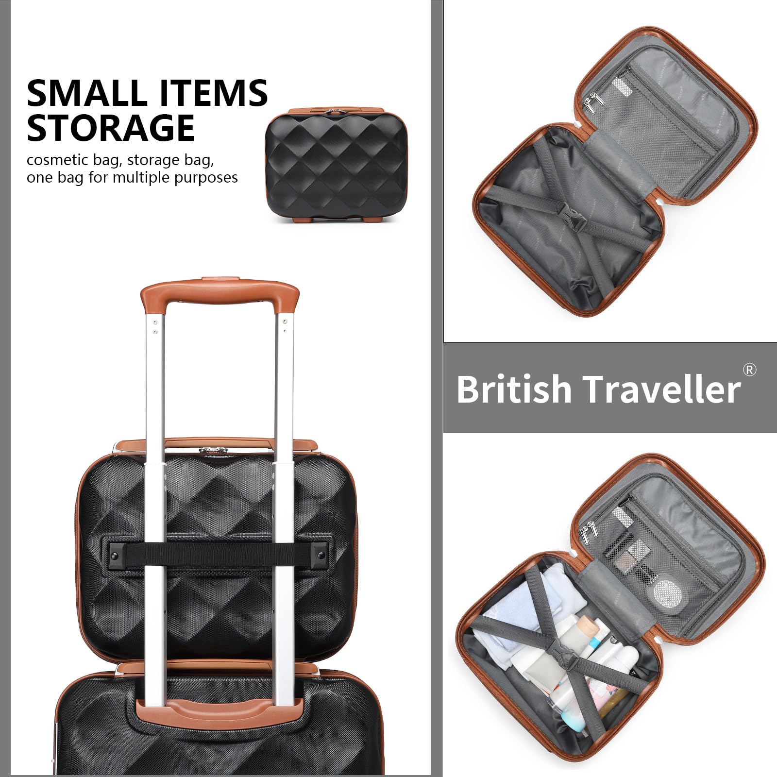 British Traveller Beauty Case 31x25x17,2cm Valigia Trolley Rigida Leggero Borsa da Toilette (13pollici, Nero/Marrone)