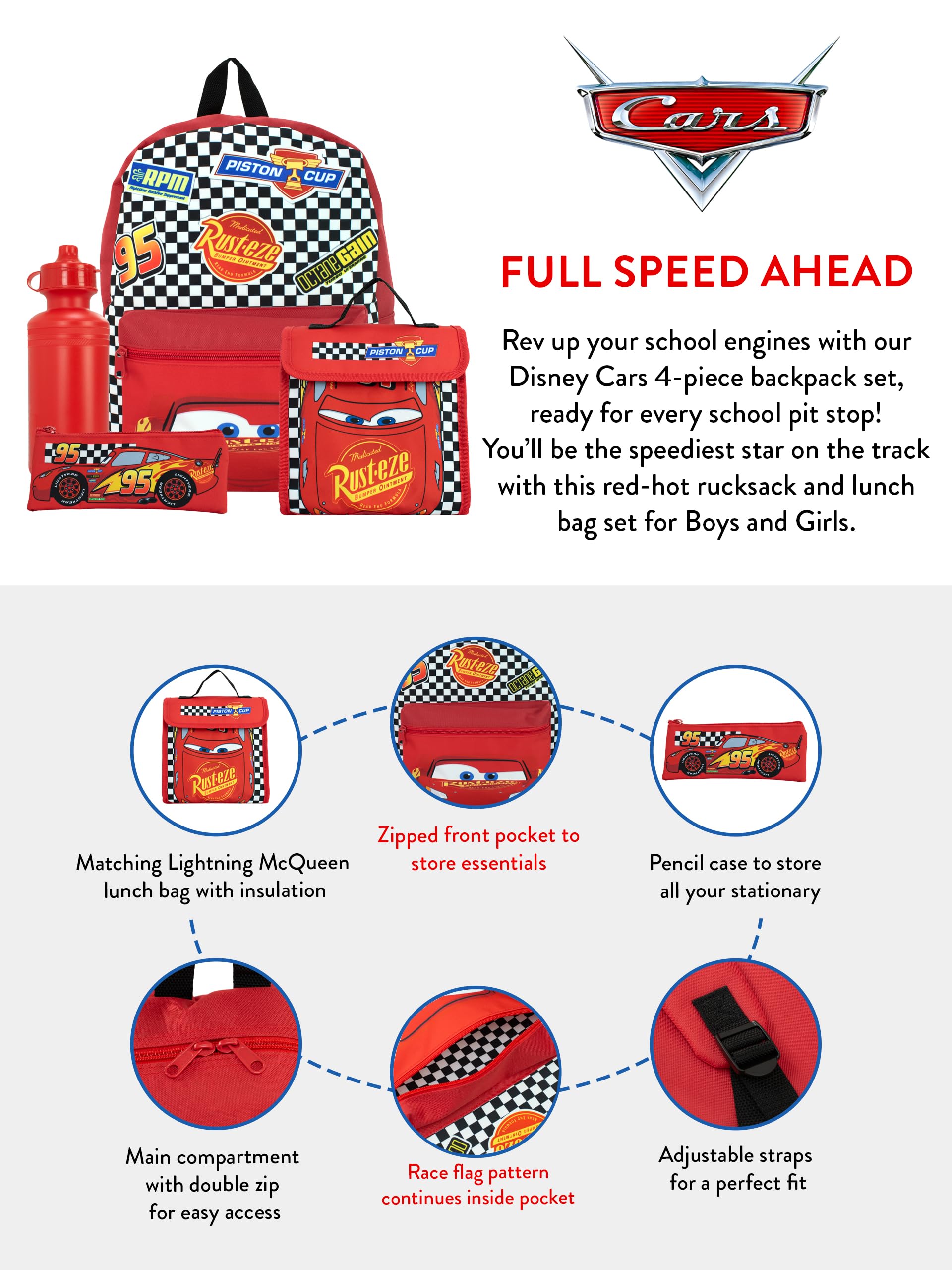 Disney Juego de Mochila Cars de 4 Piezas | Mochila Rayo Mcqueen, Estuche para lápices, Botella de Agua y Bolsa para el Almuerzo | Mochilas Infantiles para El Colegio Y Las Aventuras