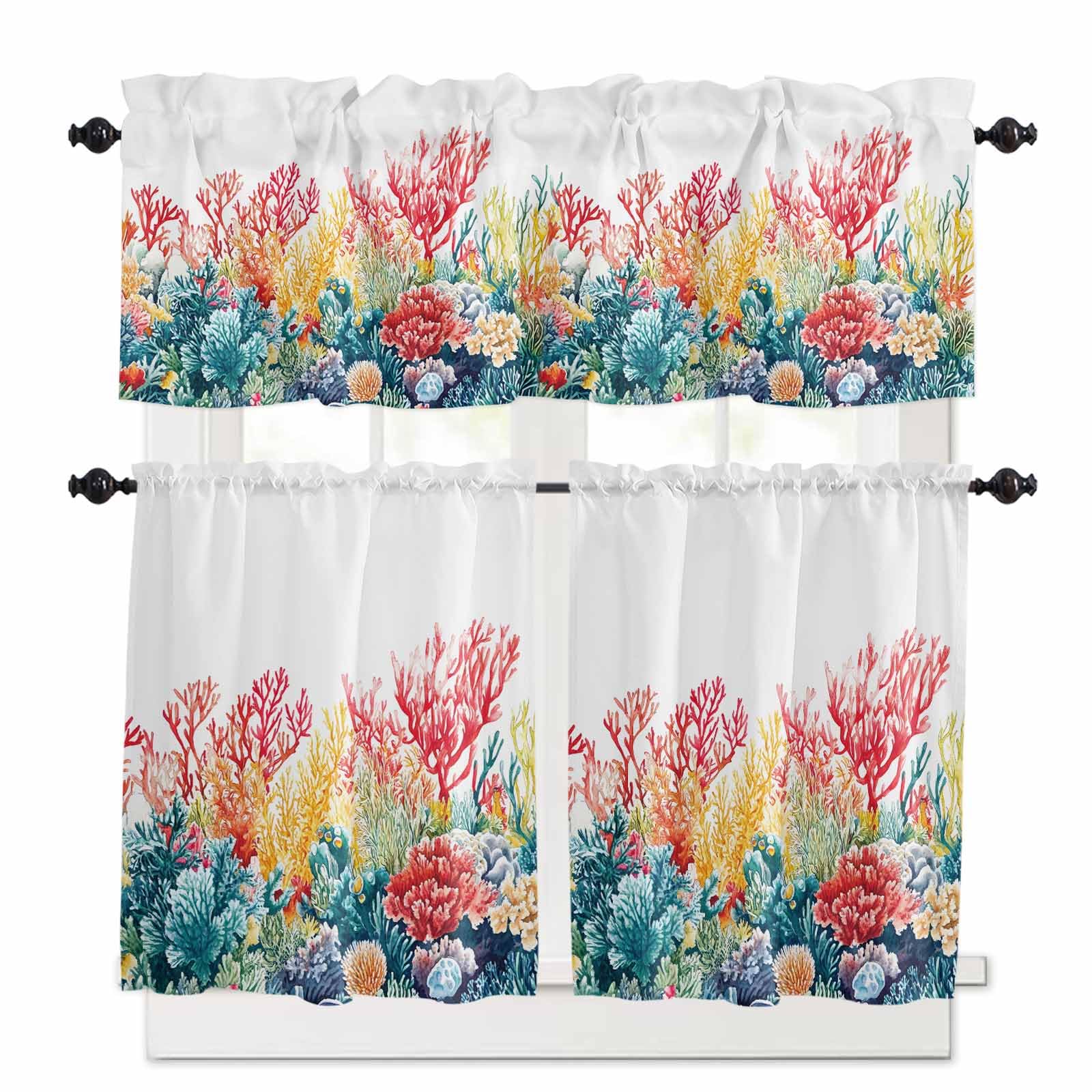 Coastal Kitchen Curtains 24 Inch Length, 3 Piece Rod Pocket Small Half Tiers and Valance Set, Summer Beach Red Teal Coral Nautical Small Large Window Treatment Decor for Bedroom/Bathroom Sink