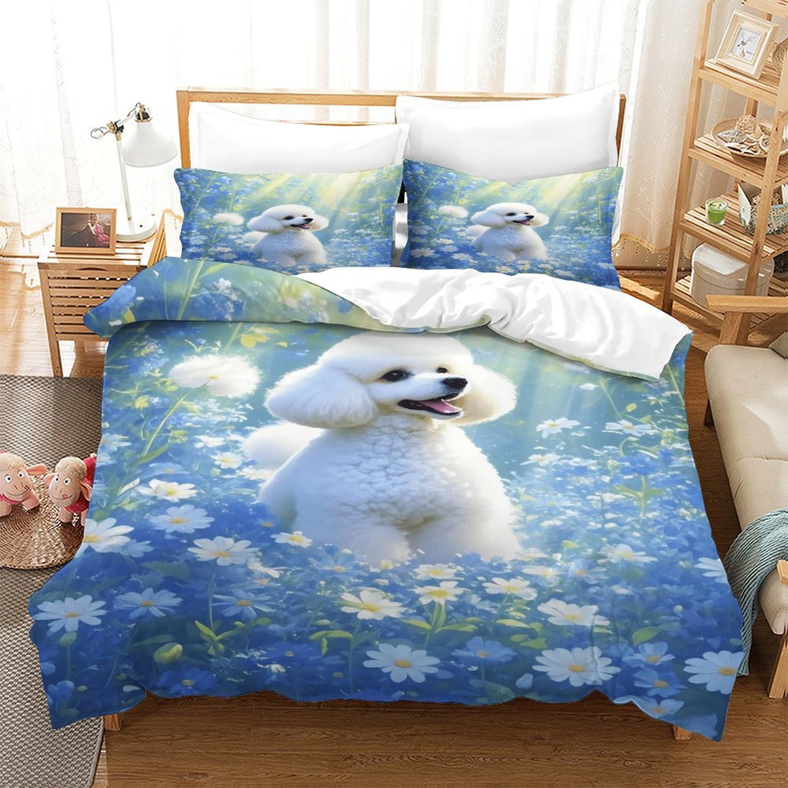EMYXPAQM Duvet Cover Set Poodle Chrysanthemum Sunlight 3D Printed Bedding Ultra Soft Microfiber with Zipper, Hidden Pillowcase for Teenage Boys Double（200x200cm）