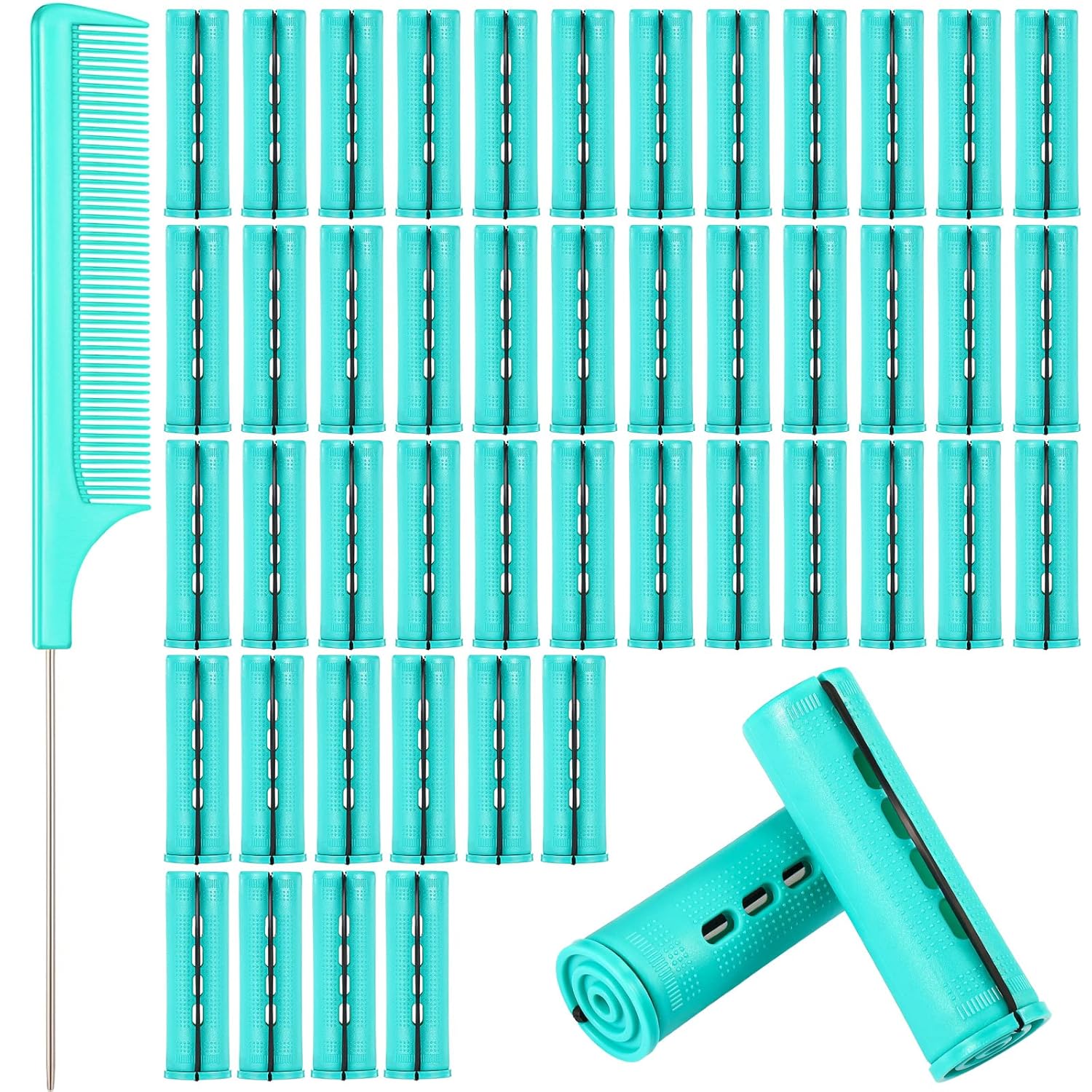48 Pieces Cold Wave Plastic Curlers with Pintail Comb and Steel Rat Tail Comb for Hairdressing Styling (Green, 0.98 Inch/ 2.5 cm) 49 Piece Set Green