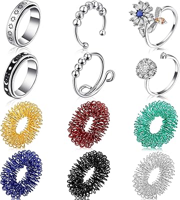 12 Pieces Fidget Anxiety Rings Including 6 Pieces Spiky Sensory Finger Rings, Spinner Rings, Anxiety Rings, Zircon Ring with Beads for Women Men (Classic Style)