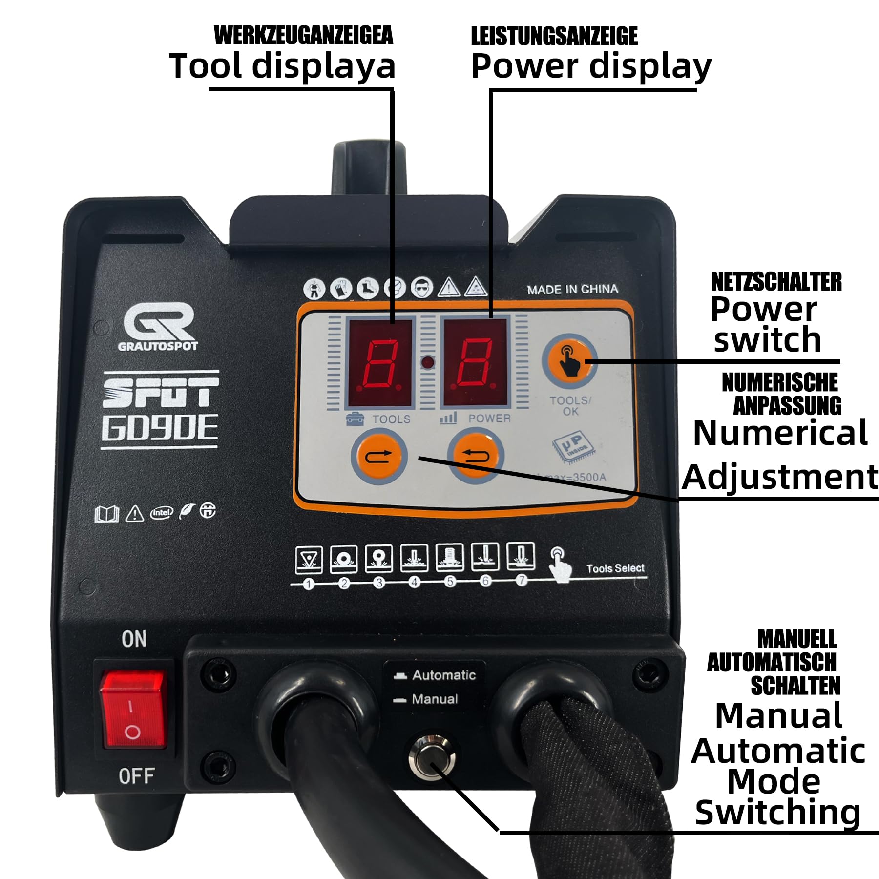 F90E - Spotter di scarico per carrozzeria, 5 modalità, 1,8 KW, 3500 A, saldatrice a punti, 0,6 – 1,2 mm, spessore di saldatura, spotter Dent Puller per saldatura continua, bullone