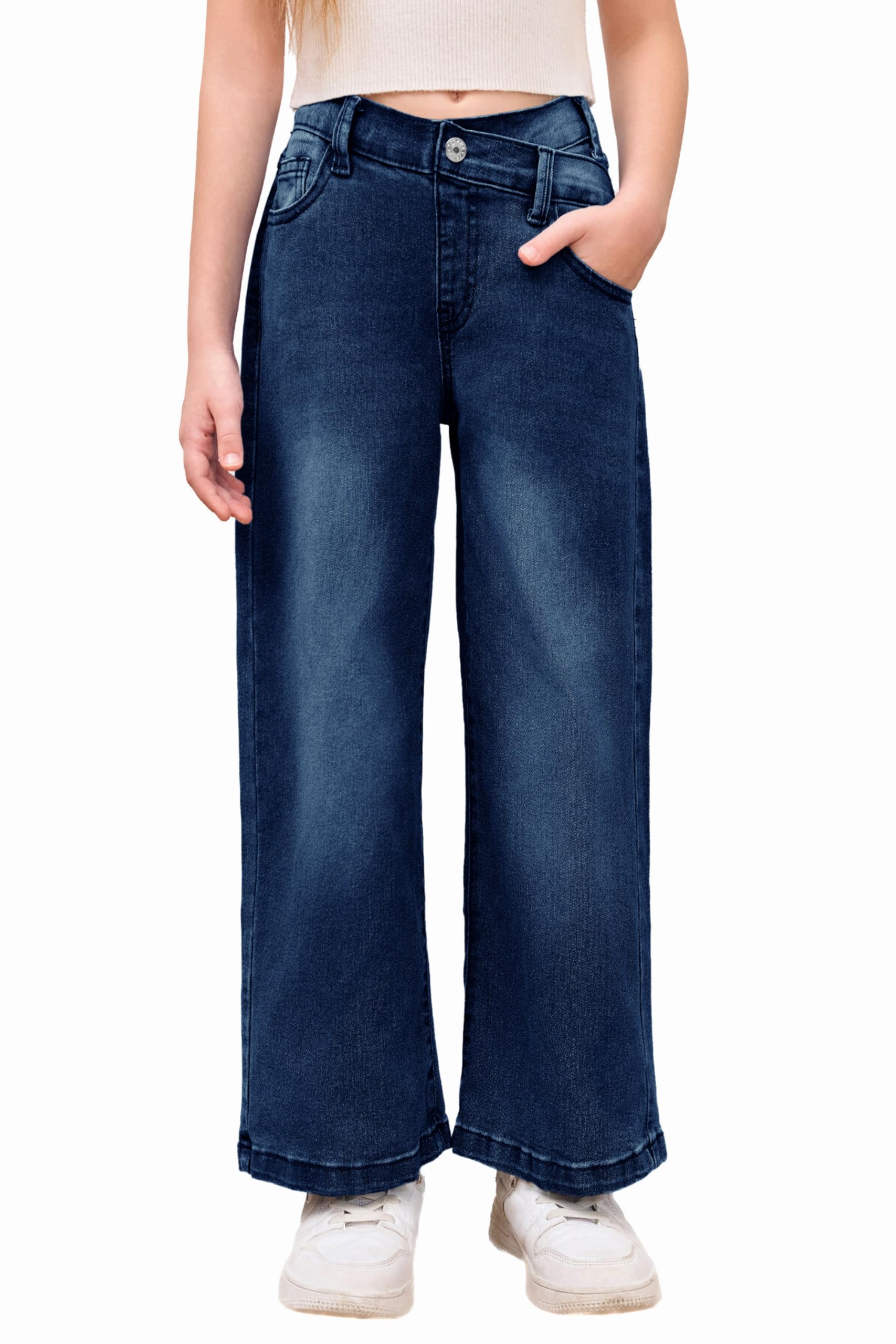 Haloumoning Pantalones vaqueros de cintura alta para niñas, pantalones vaqueros con cintura elástica, piernas anchas