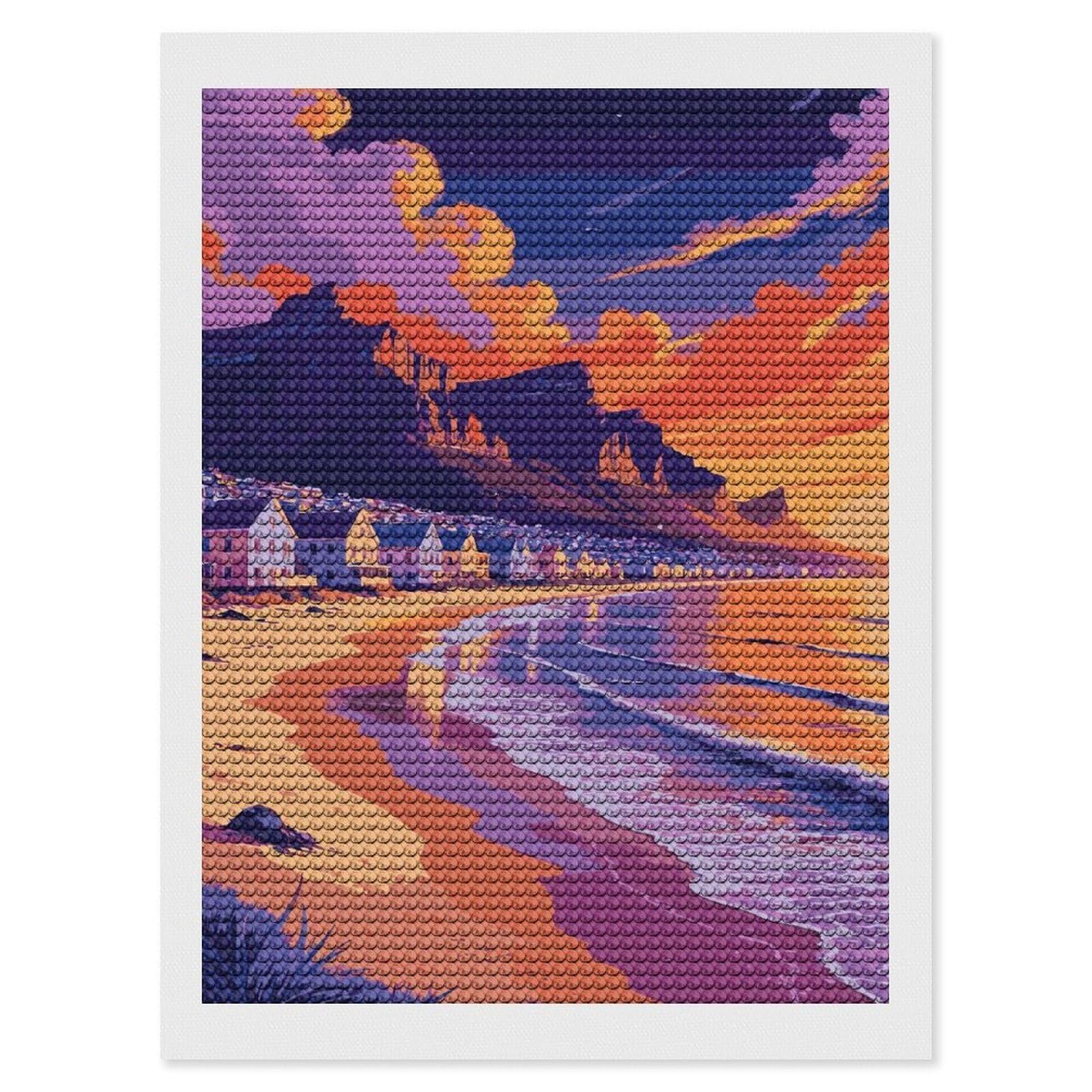Junmoney Coastal Town at Sunset Illustration Diamond Painting Canvas Set 12"x16", for Women, Pleasing Wall Art Project, Aesthetic Room Decor, Gift Idea