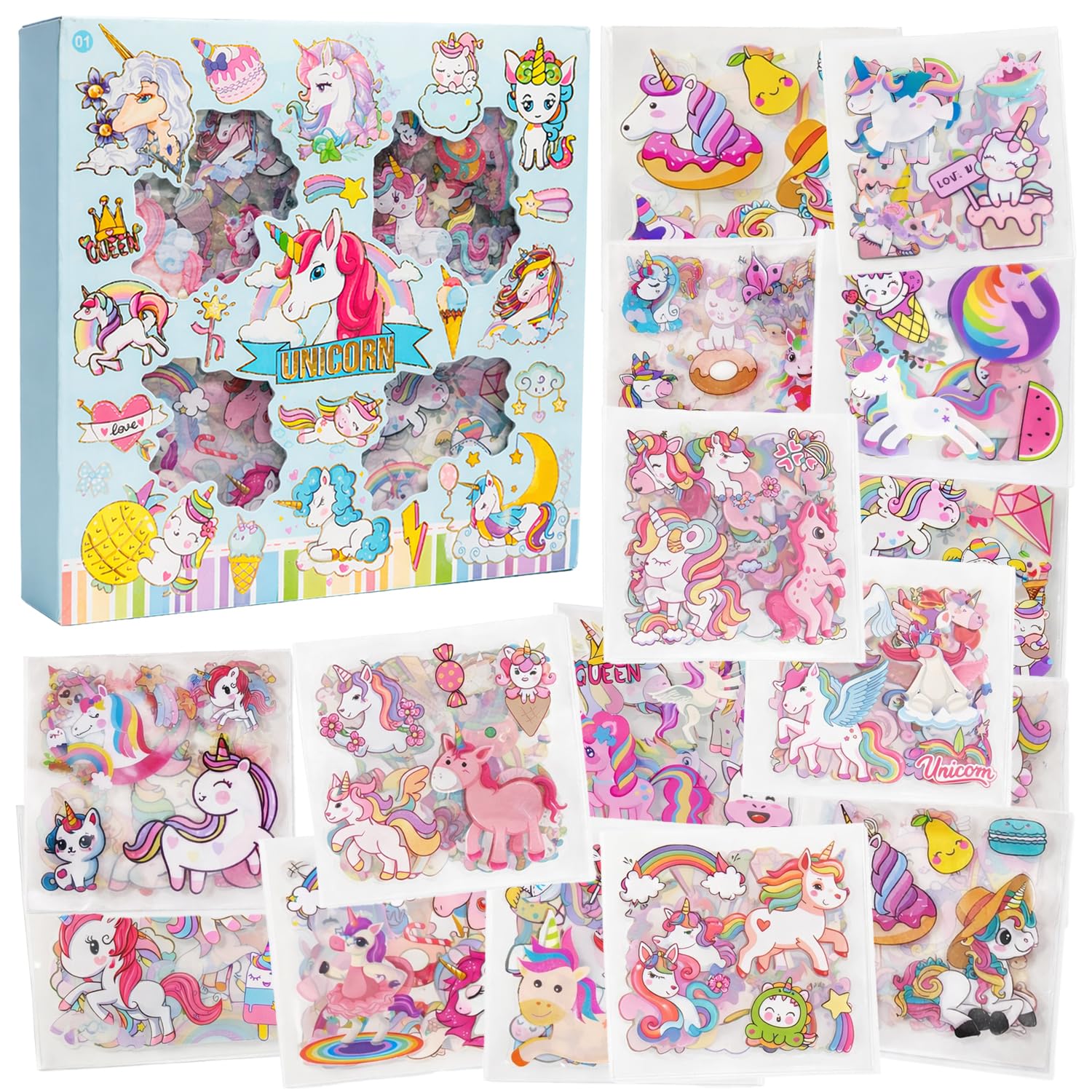funblast unicorn theme pet stickers, kawaii sticker – 100 sheets; 500+ pcs aesthetic sticker, japanese style craft stickers, self-adhesive sticker’s set - multicolor (blue)