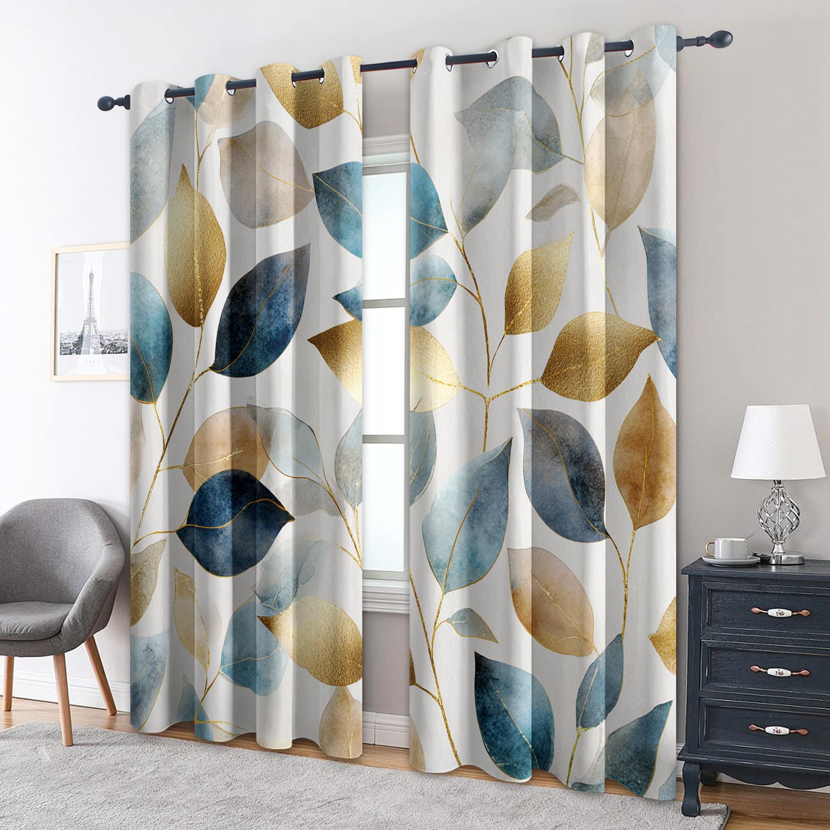Generisch Blickdichte Vorhänge Blau Goldenes Blatt Muster, H 245 x B 140 2er Set - Moderne ästhetische Blätter Fenster Gardinen mit Ösen, 245 cm Lang Curtains Wohnzimmer Schlafzimmer Deko CG74