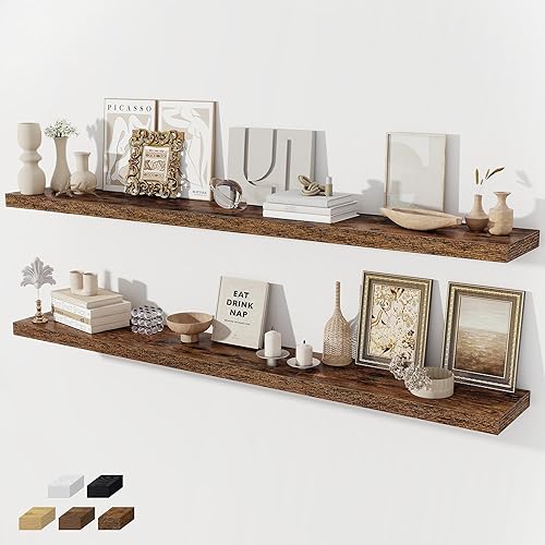 Miniatura 26 de Estantes flotantes para pared, juego de 2 estantes flotantes de 28 pulgadas, estante de madera rústica montado en la pared para baño, sala de estar,