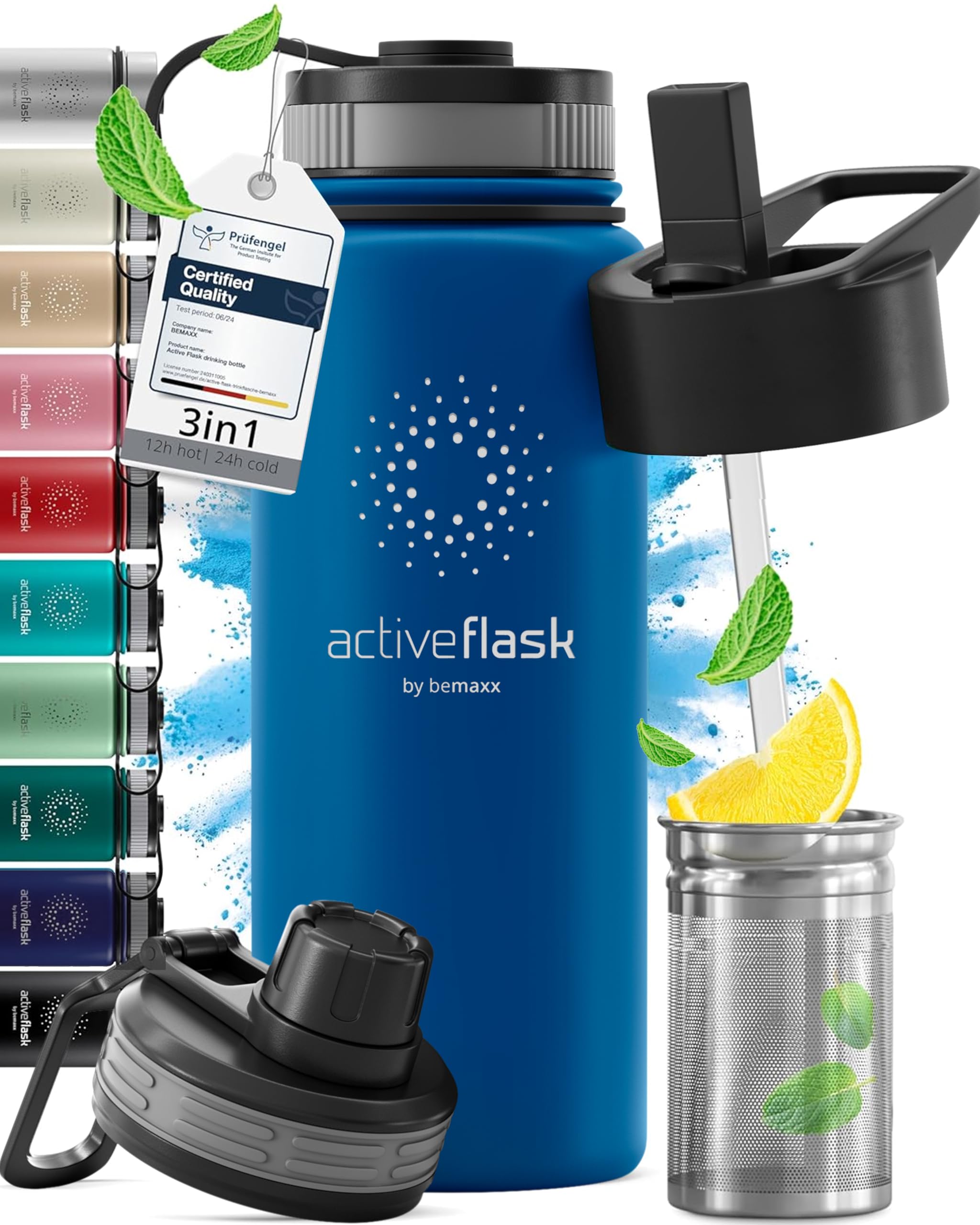 Trinkflasche Edelstahl ACTIVE FLASK + Strohhalm (3 Deckel) BPA-frei, Auslaufsicher, Kohlensäure geeignet - Wasserflasche Fahrrad Thermosflasche Isoliert Isolierflasche Sport Wasser Flasche Kinder Tee