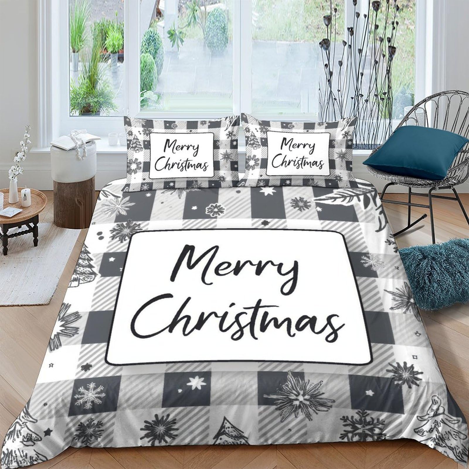 Ctjqhvkz Style-9 3D Printed Black White Plaid Snowflake Fitted Sheet Microfiber Soft Merry Christmas Bed Cover For Bedroom Guest Room Single（135X200cm）