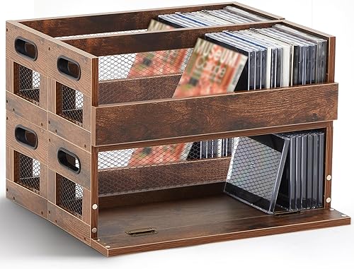 Jetec Juego de 4 cajas de almacenamiento retro para CD, estantes de exhibición de metal y madera con asas de transporte, estante organizador de