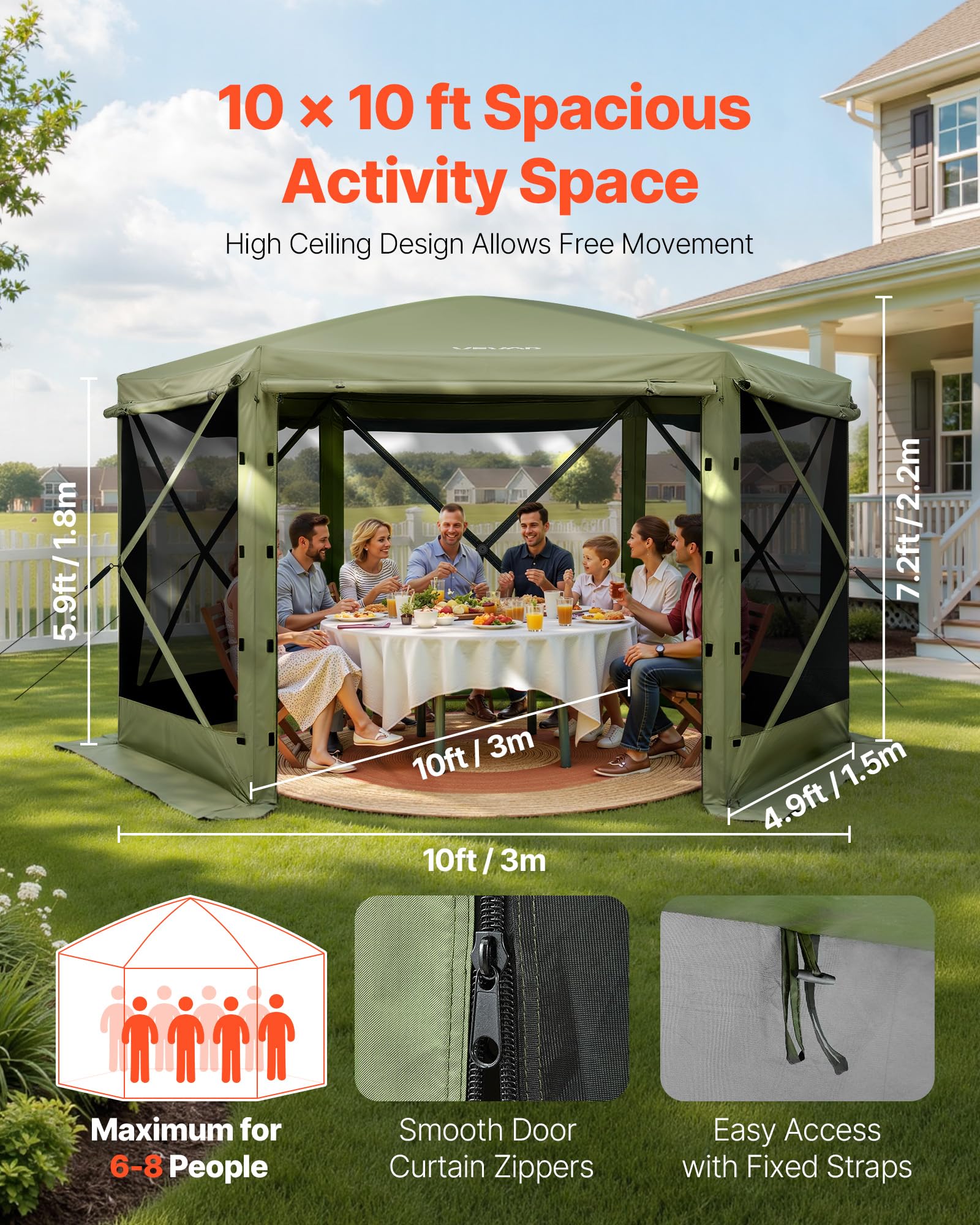 VEVOR Carpa Plegable de 6 Lados 3 x 3 m, Pérgola de Jardín con Techo Desmontable y Bolsa de Transporte, Carpa de Exterior para 6 a 8 Personas, para Fiesta, Camping, Playa, Patio, Jardín, Verde