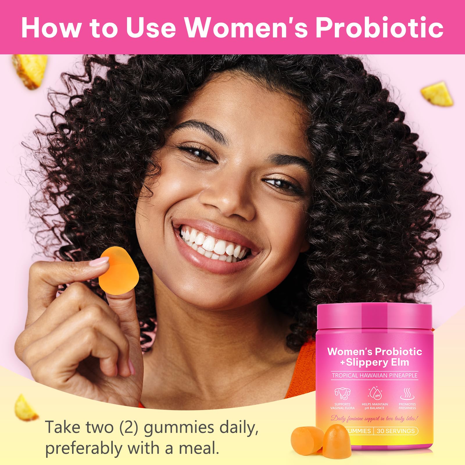 Probiotiques Gummies pour Femmes, Soutien de la Santé Intime et Digestive Grâce aux Prébiotiques, équilibre du pH, Système Immunitaire et Intestinal | Végan, Sans Gluten, Arôme Ananas, 60 Gummies