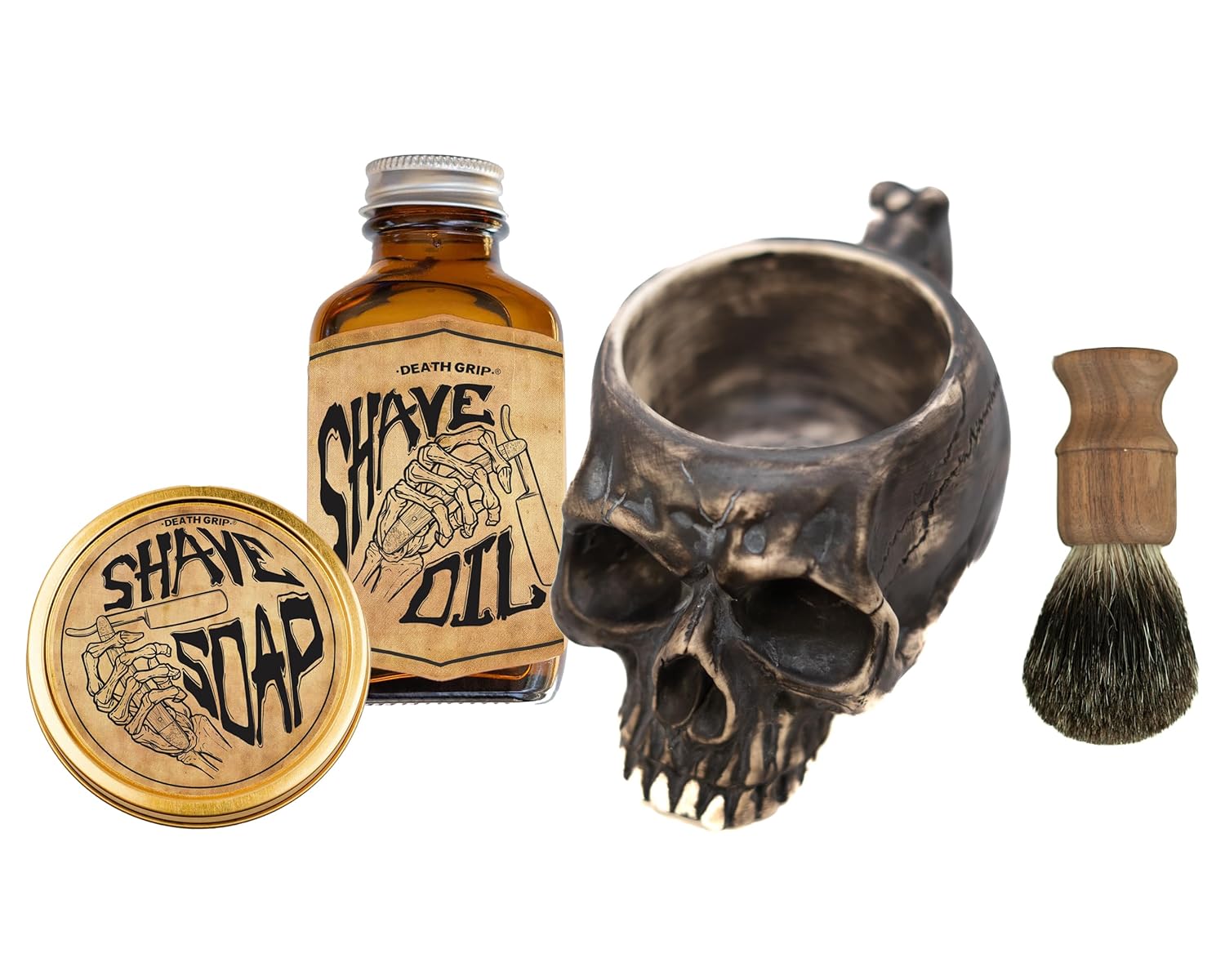 Shaving Kit for Men – Traditional Wet Shave Set with 4oz Shaving Soap, 3oz Tea Tree Oil, Badger Brush & Skull Bowl – For Use with Safety Razor or Straight Razor – Barber Grooming Gift by Death Grip Shaving Kit for Men – Traditional Wet Shave Set with 4oz Shaving Soap, 3oz Tea Tree Oil, Badger Brush & Skull Bowl – For Use with Safety Razor or Straight Razor – Barber Grooming Gift by Death Grip