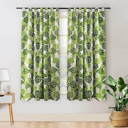 BROSHAN Cortinas tropicales cortas para ventana de dormitorio, 63 pulgadas de largo, con patrón de hojas verdes, bosque de selva, juego de 2 paneles
