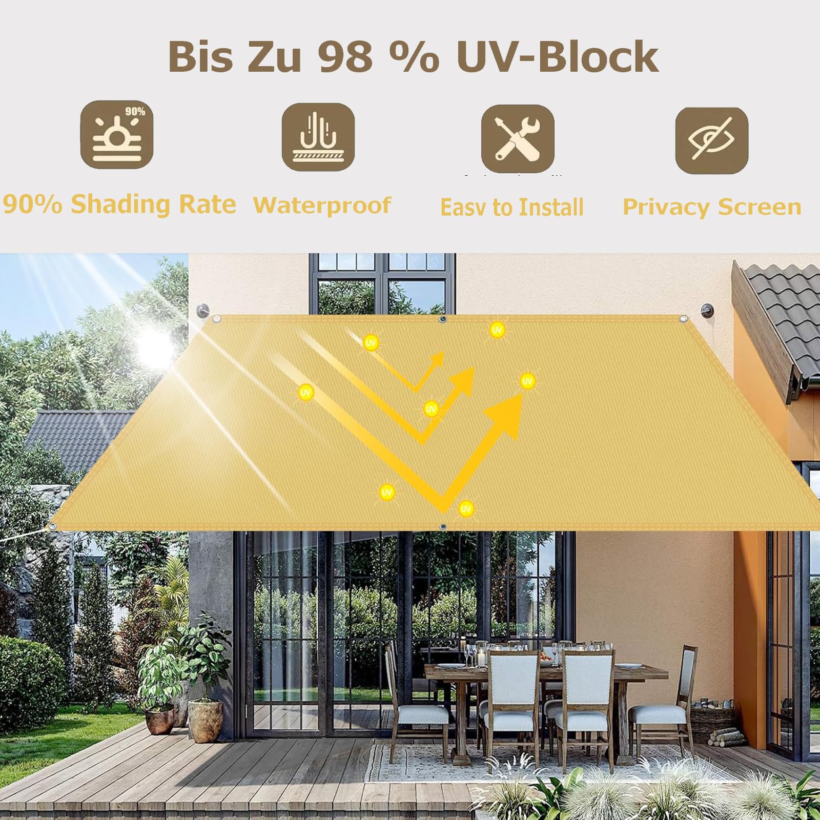 Sonnensegel Wasserdicht Rechteckig mit Ösen 5x5.5M Wind- und 95% UV-Schutz,100% Reißfest Polyester(Nach Mass), Segeltuch Sonnensegel für Balkon Terrasse Garten Camping Outdoor, Sandfarbe