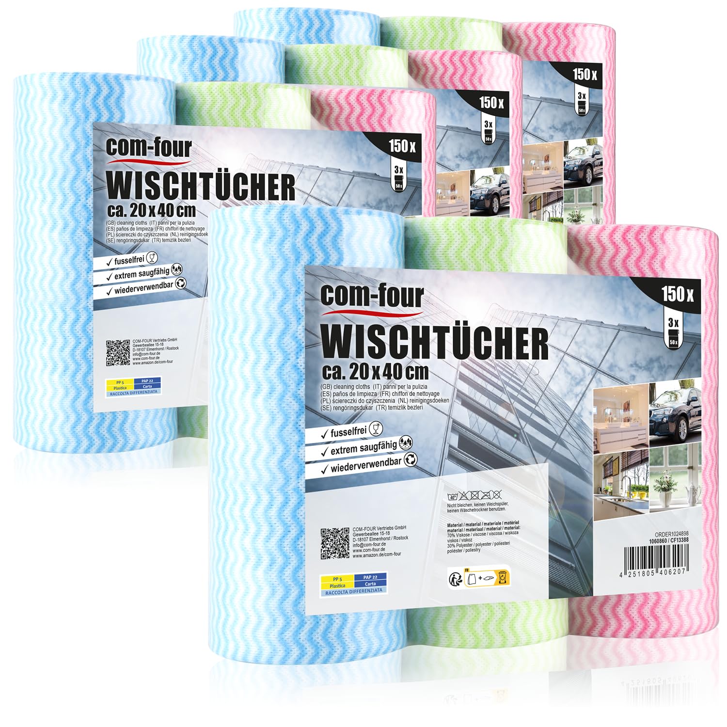 COM-FOUR® 600x Putztücher auf Rolle - Reinigungstücher für Küche, Bad und Haushalt - Mehrzweck-Lappen in 3 Farben - Wischtücher (600 Blatt - 20x40cm)