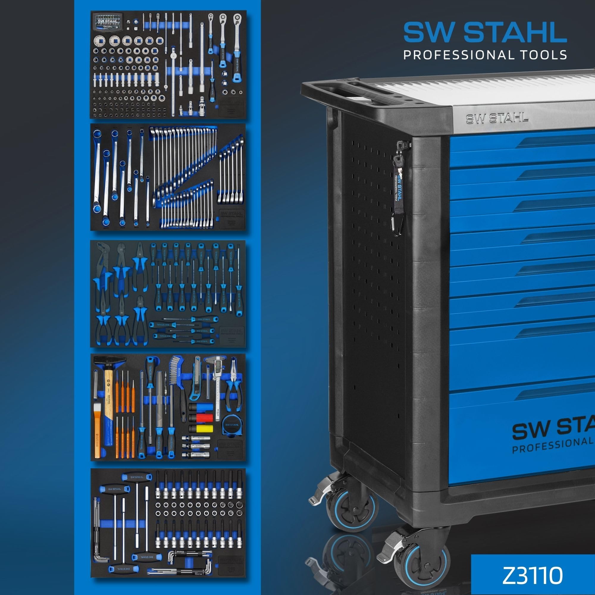 SW-Stahl Z3110 Wózek Warsztatowy TT801, Zestaw Narzędzi 341 Szt., 8 Szuflad | Niebieska szafka narzędziowa Twin-Lock, 5 szuflad z wyposażeniem, blat ze stali nierdzewnej i perforowane ścianki boczne.