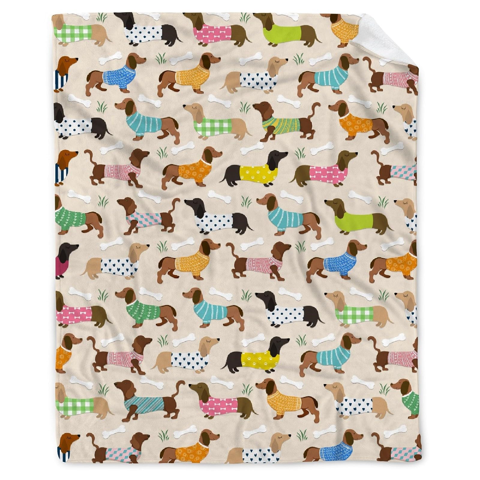 PEKLOKIW Throws For Sofas, Sausage Dog Print Flannel Throw Blanket - Soft Warm Nap & Sofa Blanket for Air Conditioning Comfort (Beige, 70X100CM)