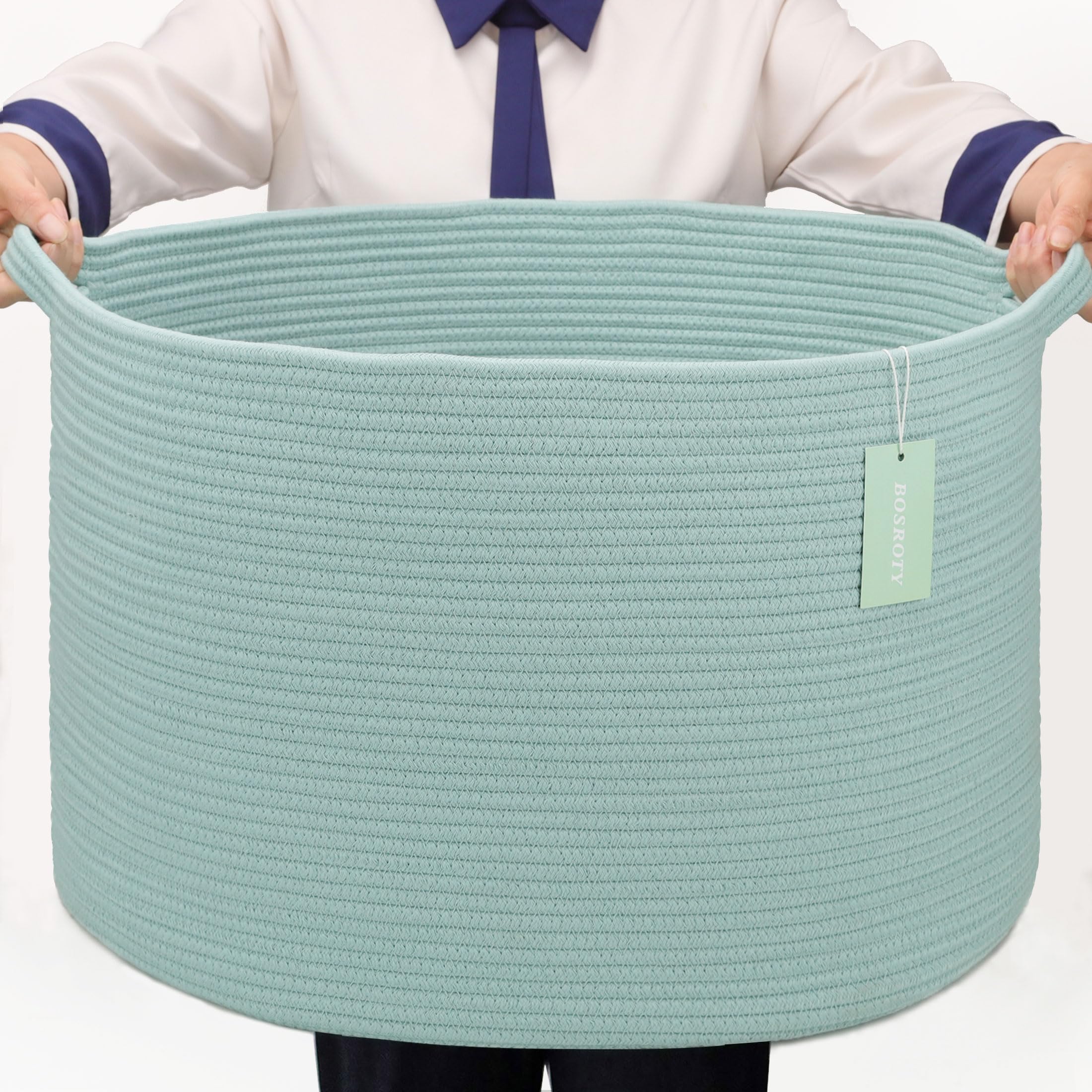 Large Cotton Rope Blanket Basket, 87L Laundry Hamper, Light Green