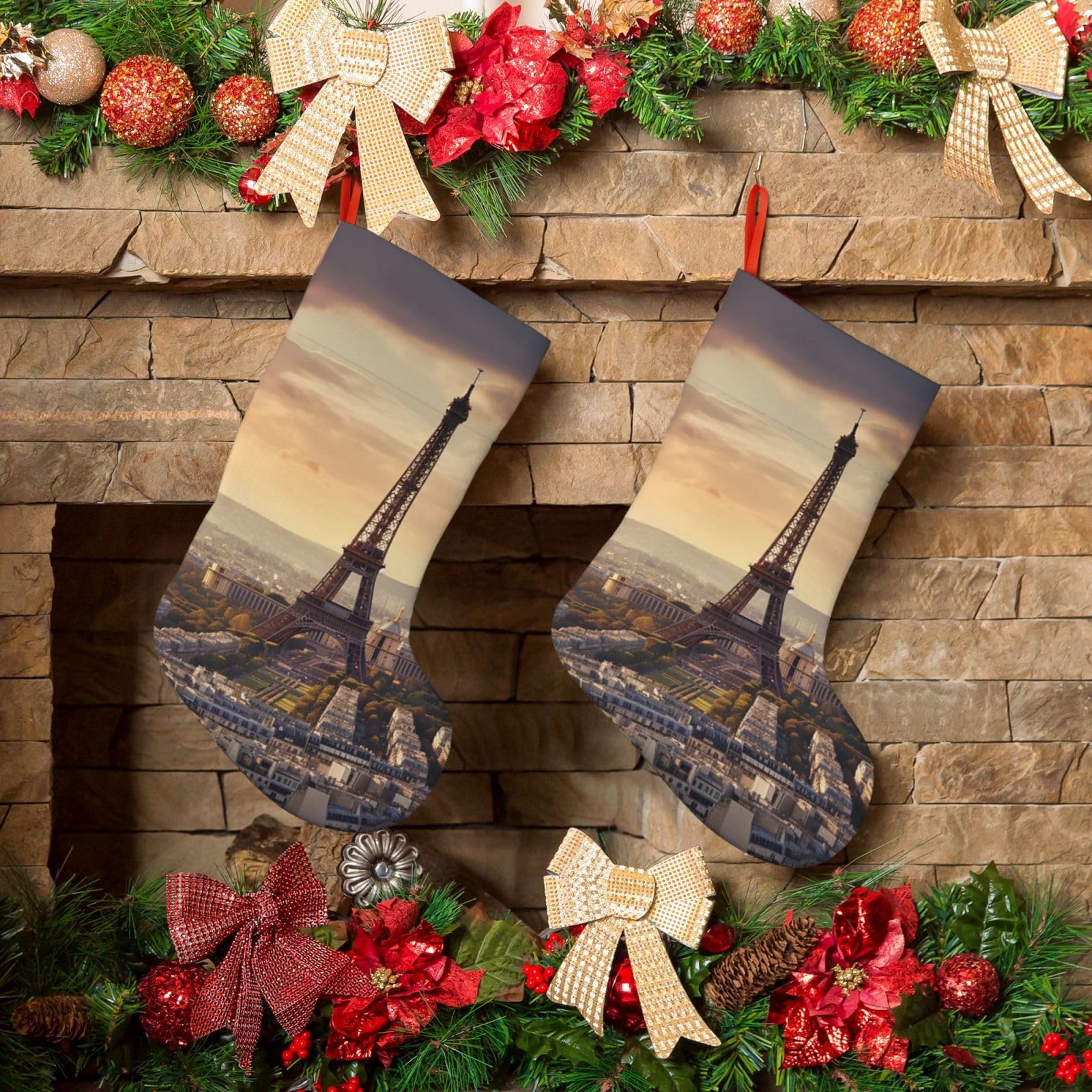 Eiffel Tower and City Christmas Stockings 18 Inches Velvet Xmas Fireplace Hanging Stocking Rustic Christmas Santa Stockings for Home Christmas Decorations Party Favor Supplies