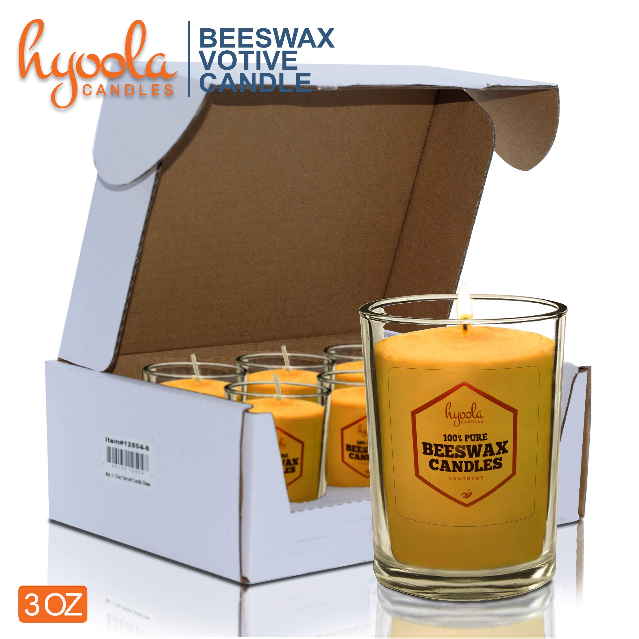 Hyoola - Candele Votive in Pura Cera d'api, Non profumate, per centrotavola, Decorazioni per la casa e cene, durano a Lungo, Bicchiere in Vetro Trasparente da 60 ml