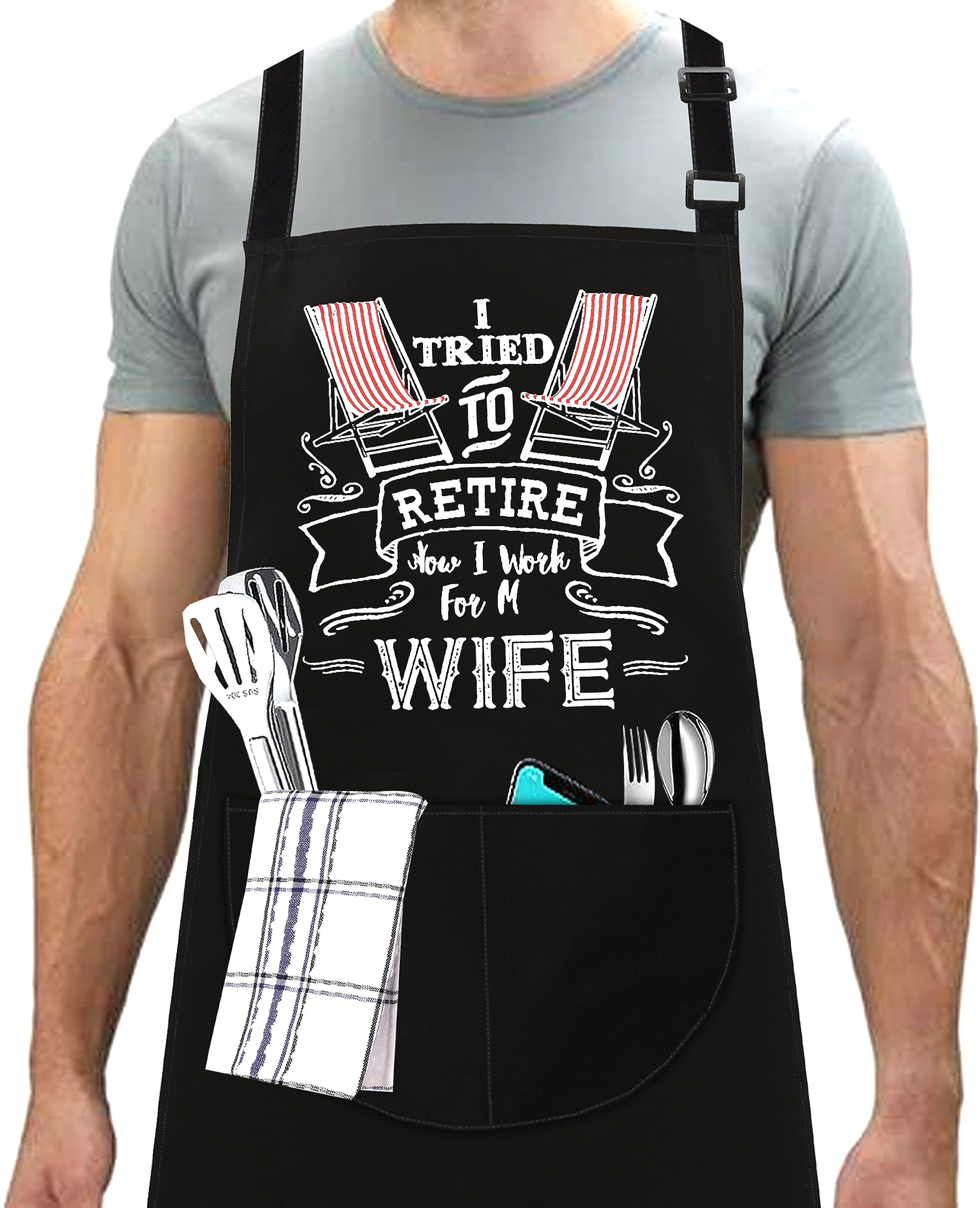 LINEN CLOSET® Funny Bbq Aprons for Men Chef Cooking Kitchen Aprons Christmas Grilling Gifts for Father Son Dad Husband 2 Pockets Retire Apron