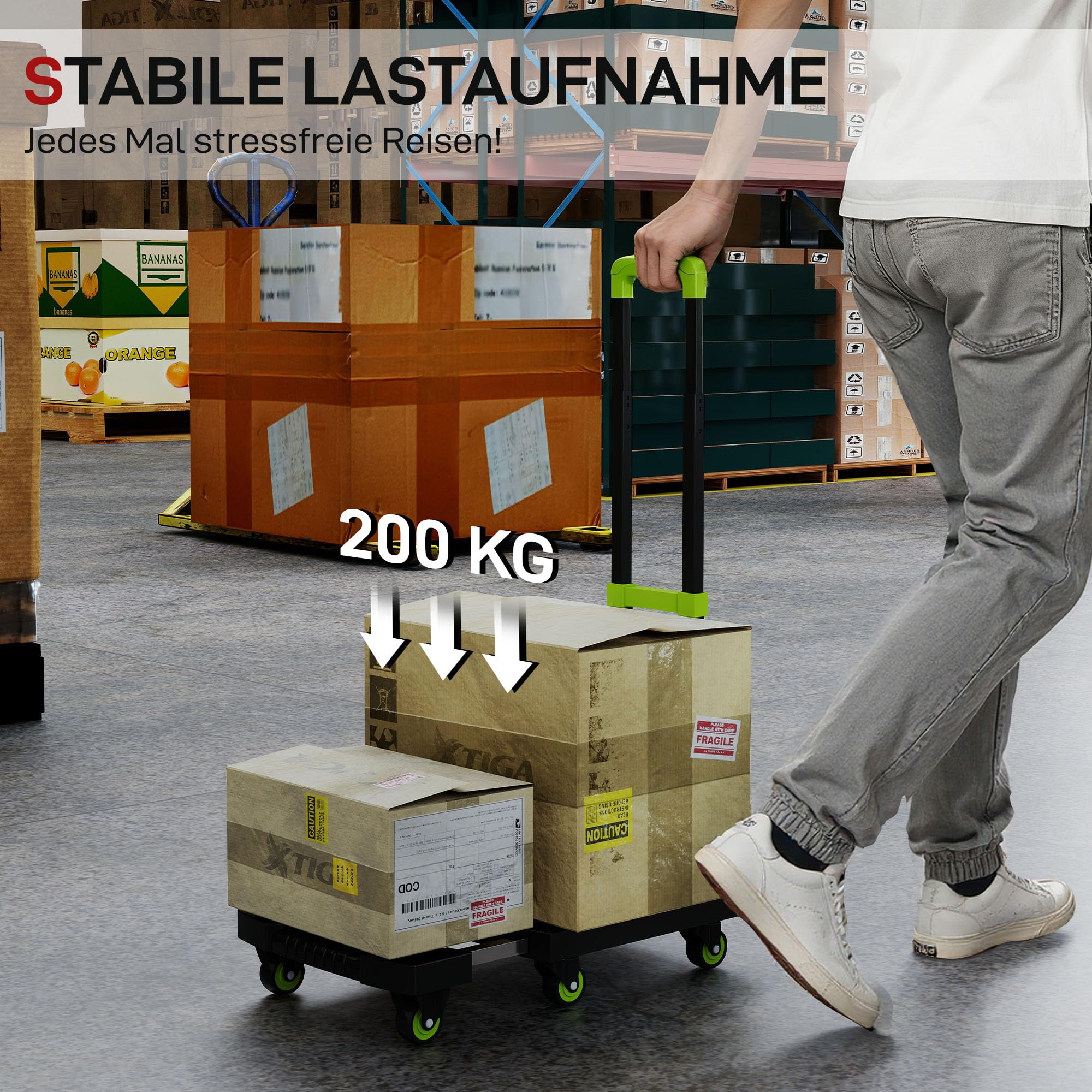 HOMCOM Carrello pieghevole in metallo con ruote, manico regolabile max. 200 kg 102 cm carrello di trasporto con corda di tensione, carrello impilabile per trasloco, officina, magazzino