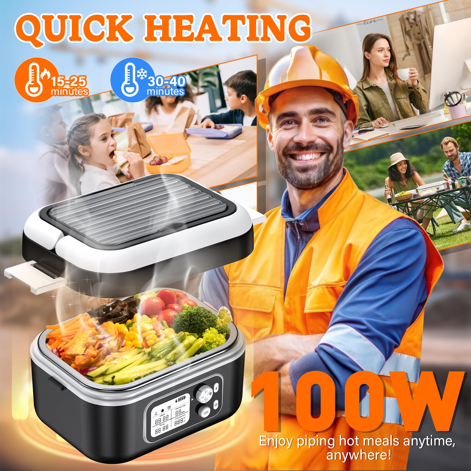 Fiambrera Electrica 100W Calentador de Comida Portatil 1,5L Lunch Box con Bolsa Térmica y Cubiertos Comida Caliente Acero Inoxidable para coche/camión/oficina