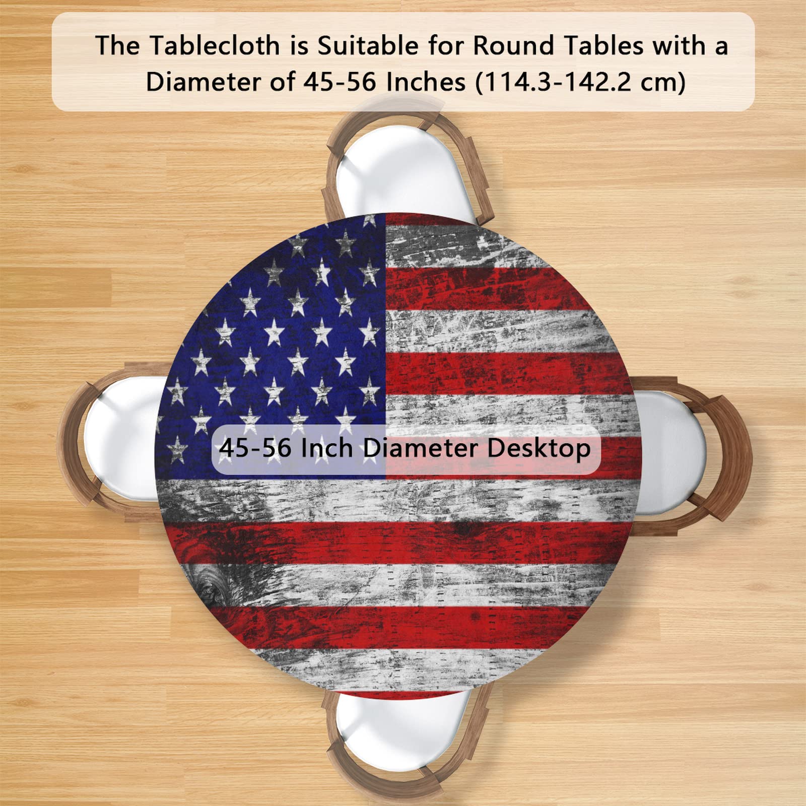 American Flag Wooden Patriotic Round Tablecloth with Elastic Edge,Grunge USA Flag 4Th of July Fitted Table Cloth Round Table Cover for Dining Kitchen Party Indoor Outdoor Patio Table 45