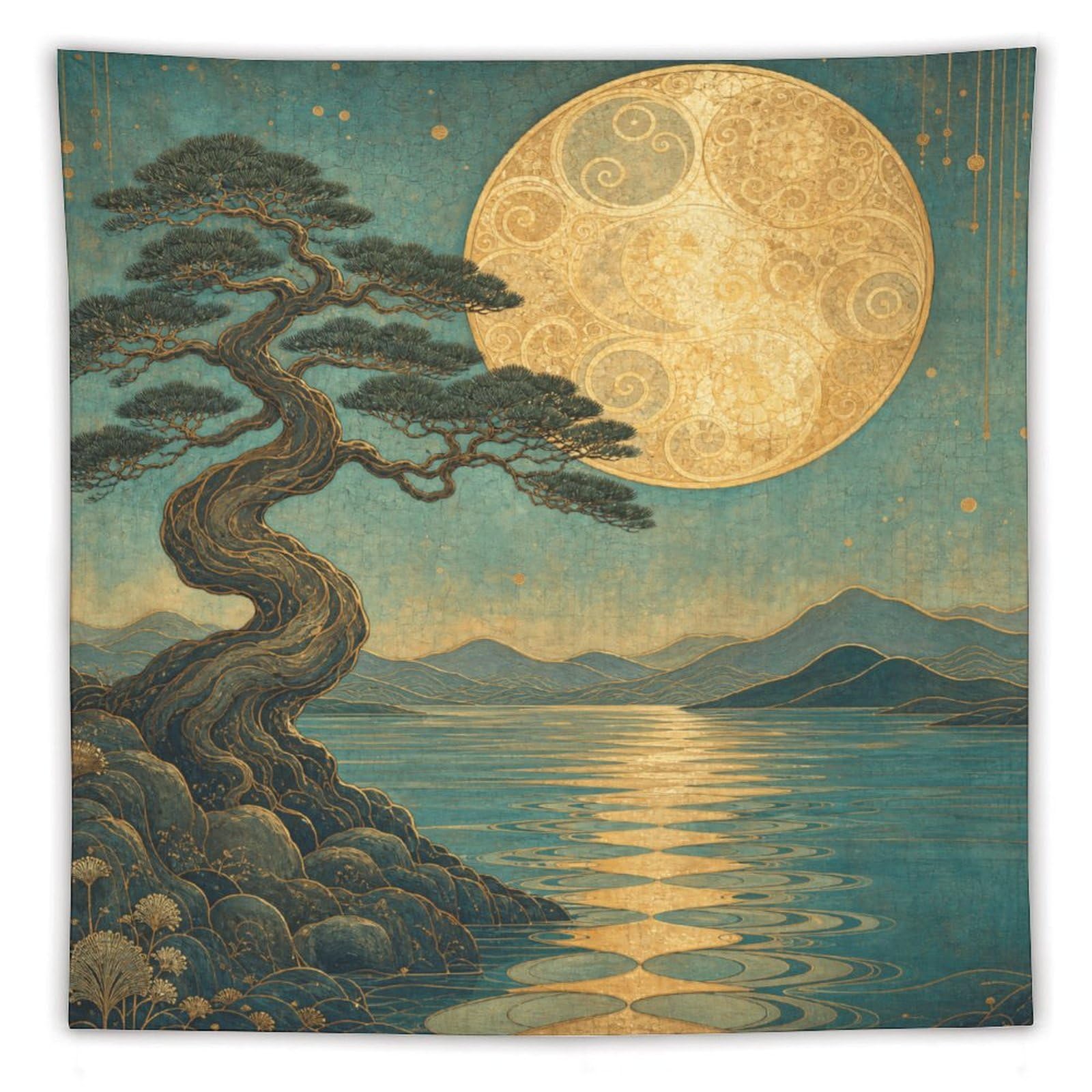 W7C8U2X3 Pine Tree under Full Moon Wall Tapestry, Ukiyo-e, Golden Lake