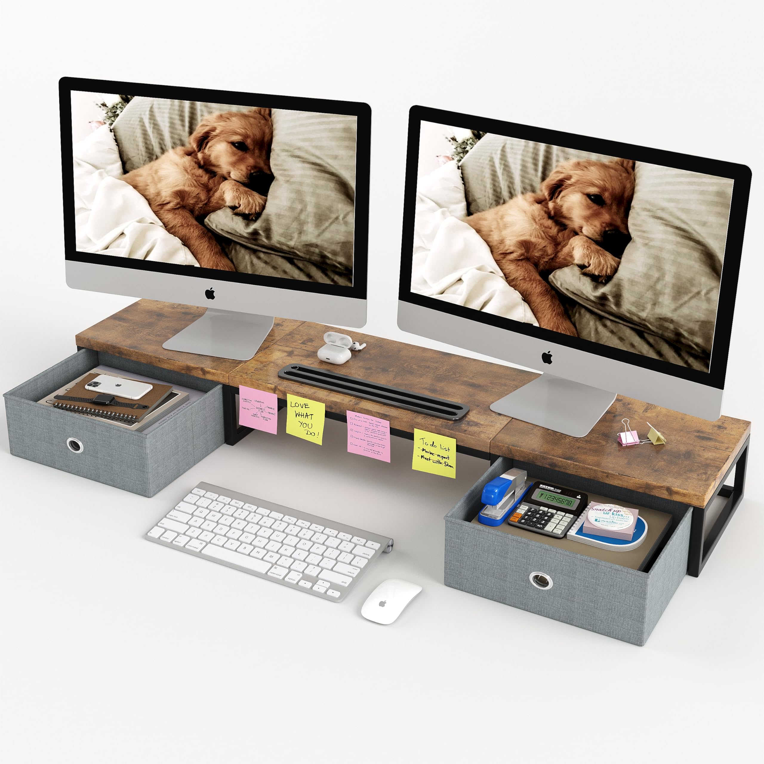 Dual Monitor Riser Stand with 2 Drawers - 100cm Large Storage, Desk Monitor Stand for 2 Monitors, Perfect Wooden Desk Organizer for Desk