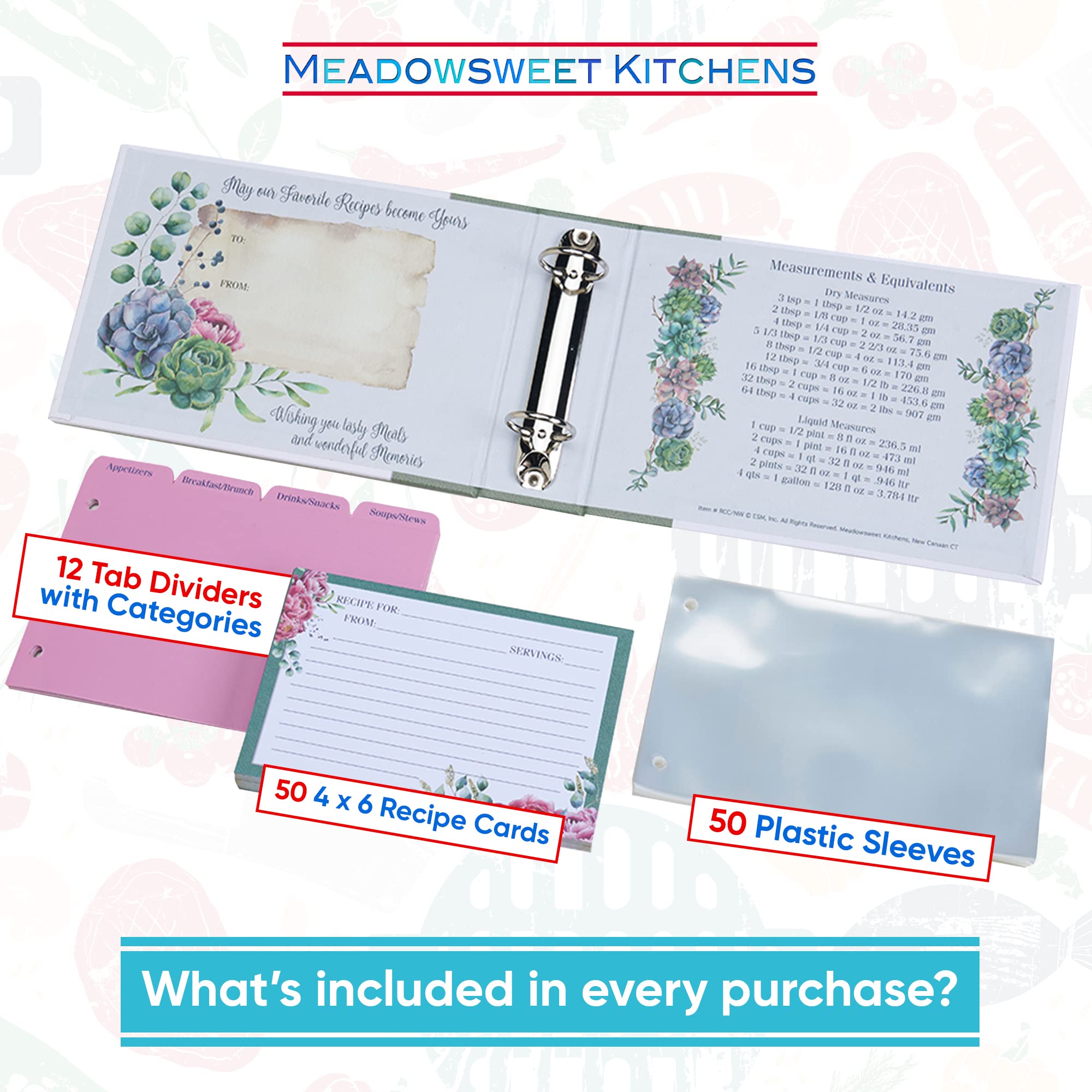 Meadowsweet Kitchens Newlyweds - Raccoglitore a 2 anelli per ricettario, con 50 buste trasparenti e 12 divisori per carte di auguri, per sposi novelli, 50 buste trasparenti per carte e 12 divisori per
